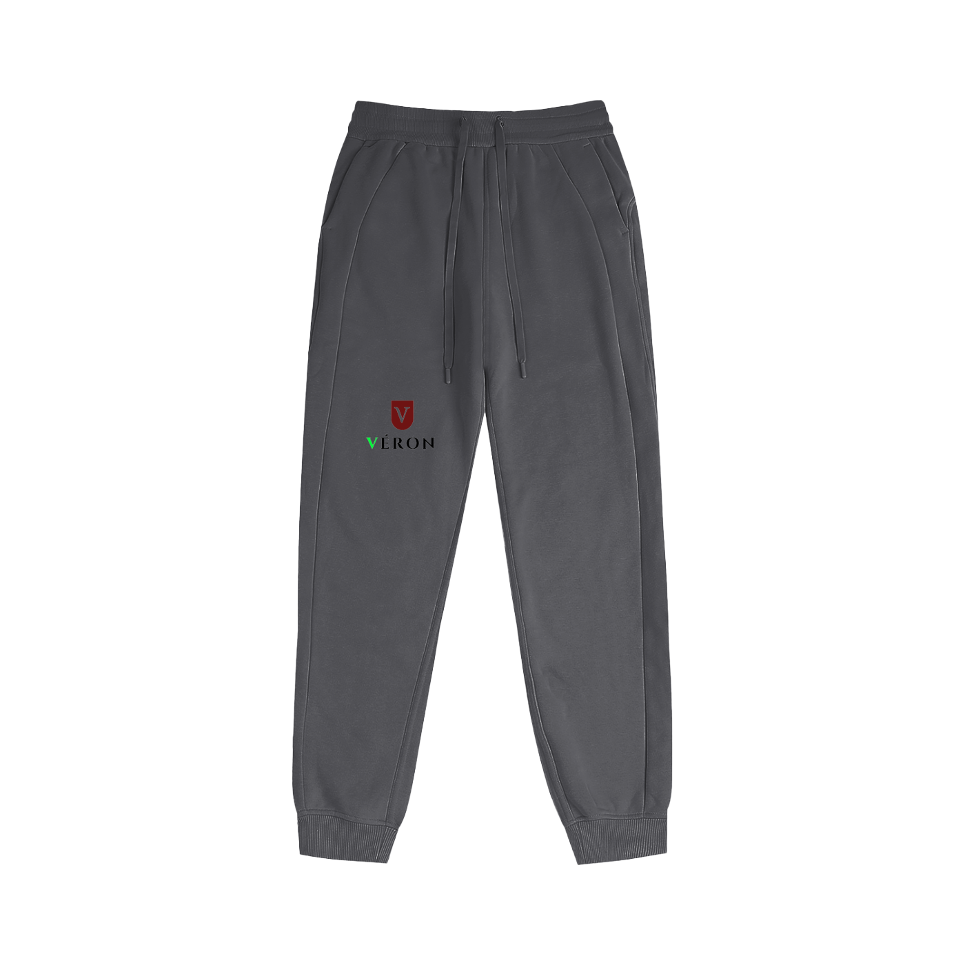 Gray sweatpants with a logo on a white background