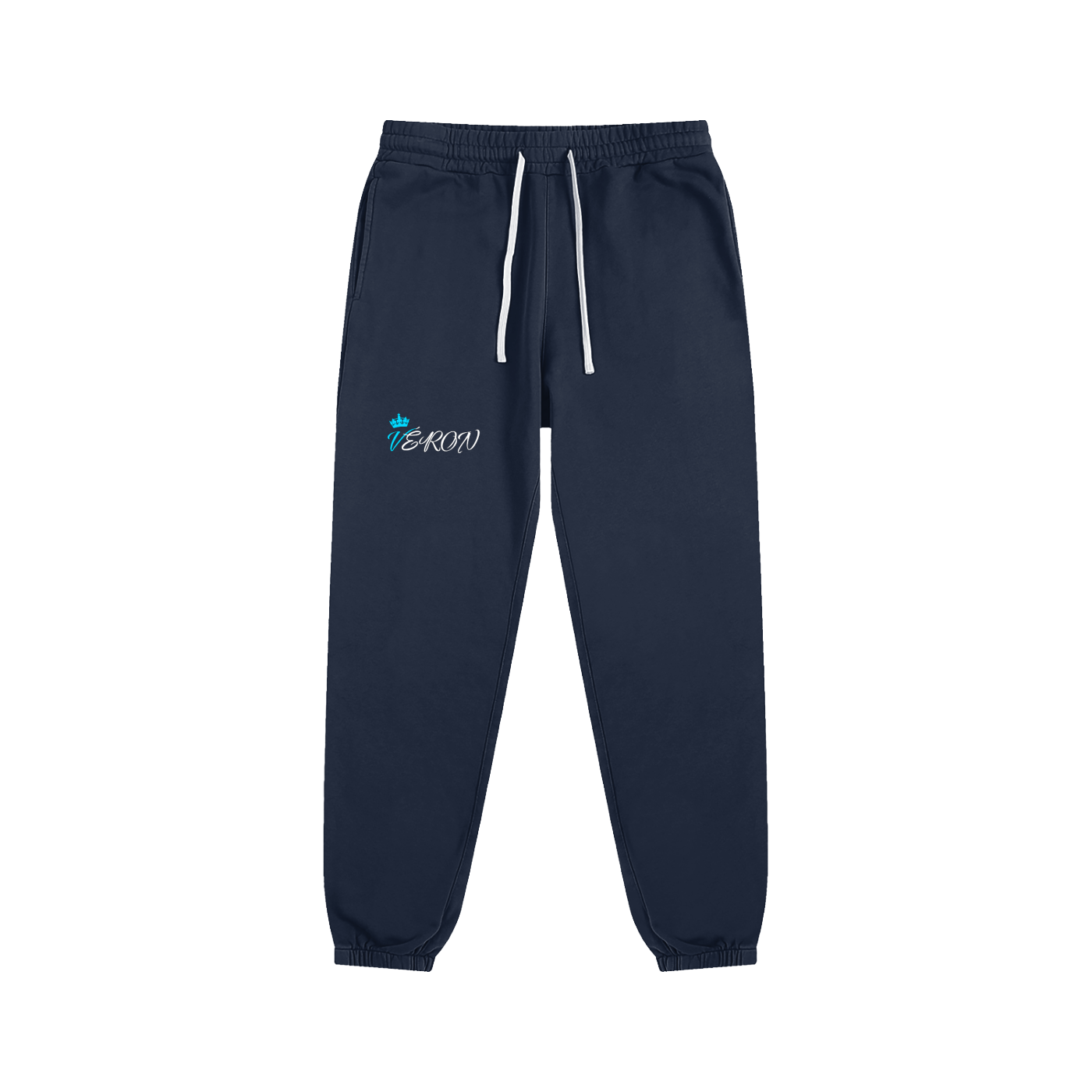 Navy blue sweatpants with a logo on a white background.