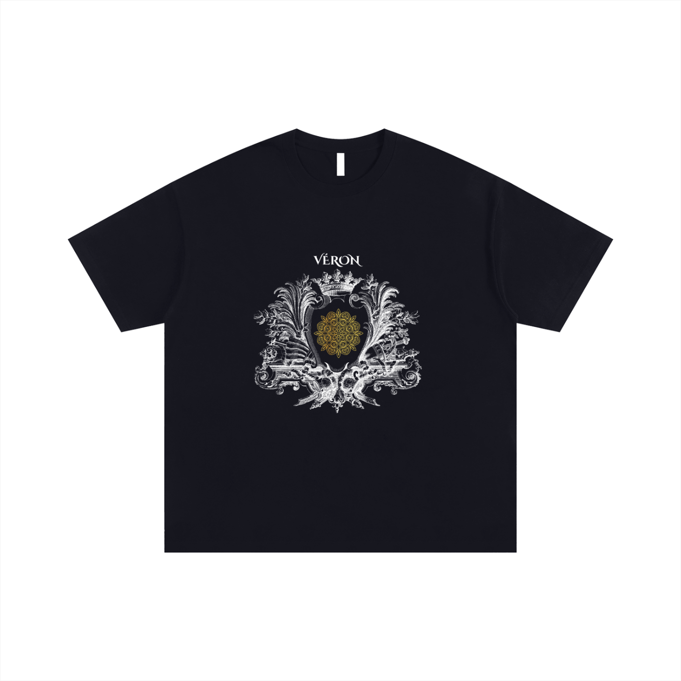 Black t-shirt with decorative emblem and 'VERON' branding on a white background