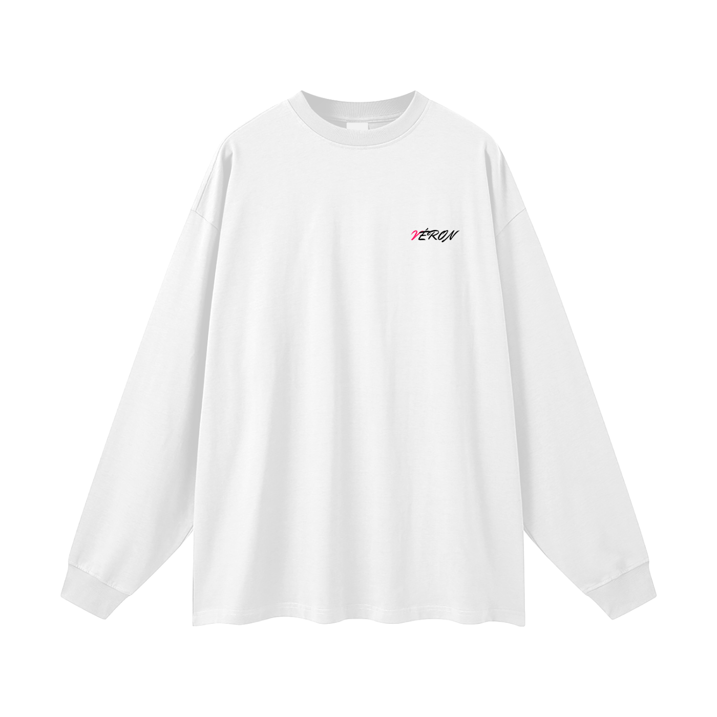White long-sleeve shirt with a small logo on a white background