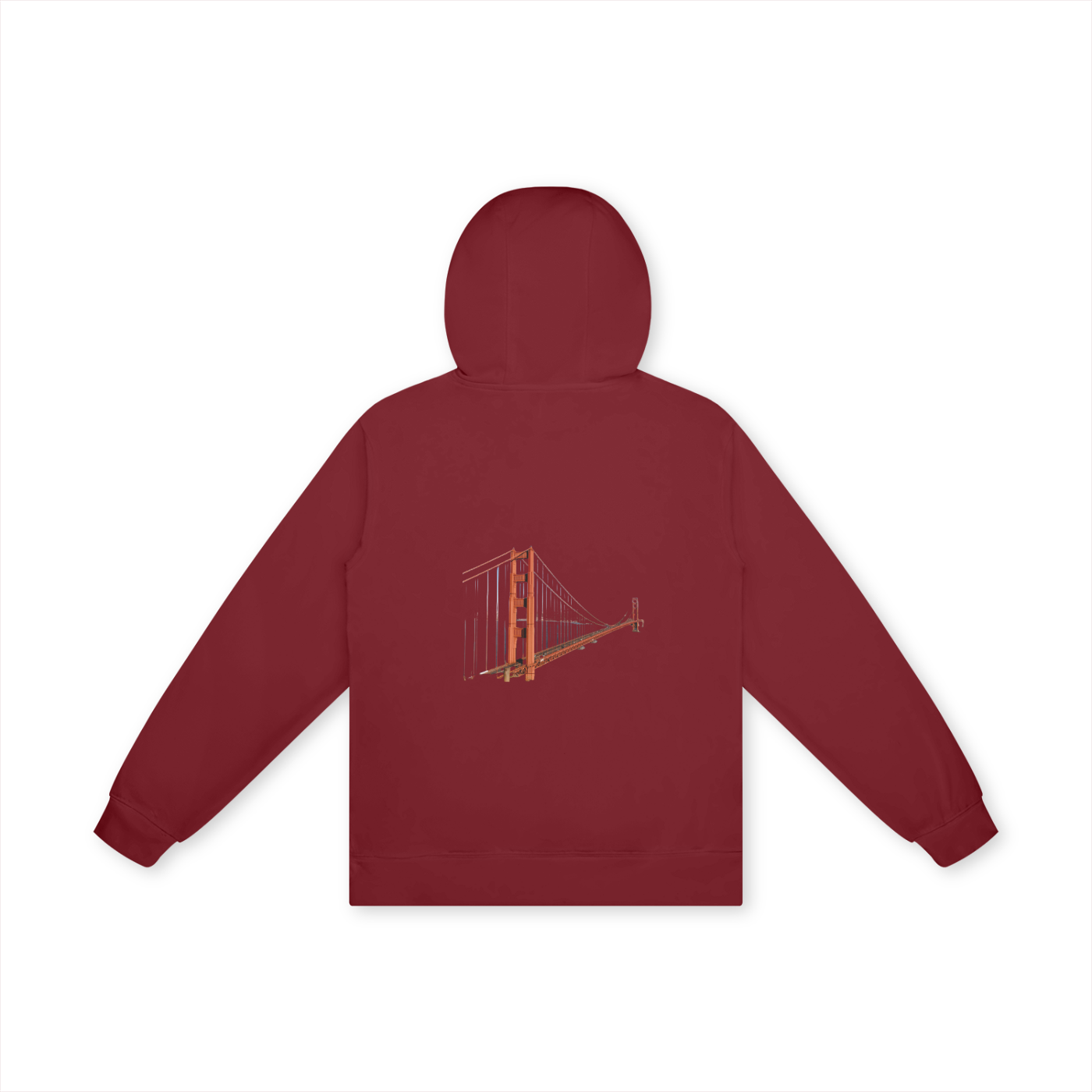 Maroon hoodie with a graphic of the Golden Gate Bridge on the back, on a white background