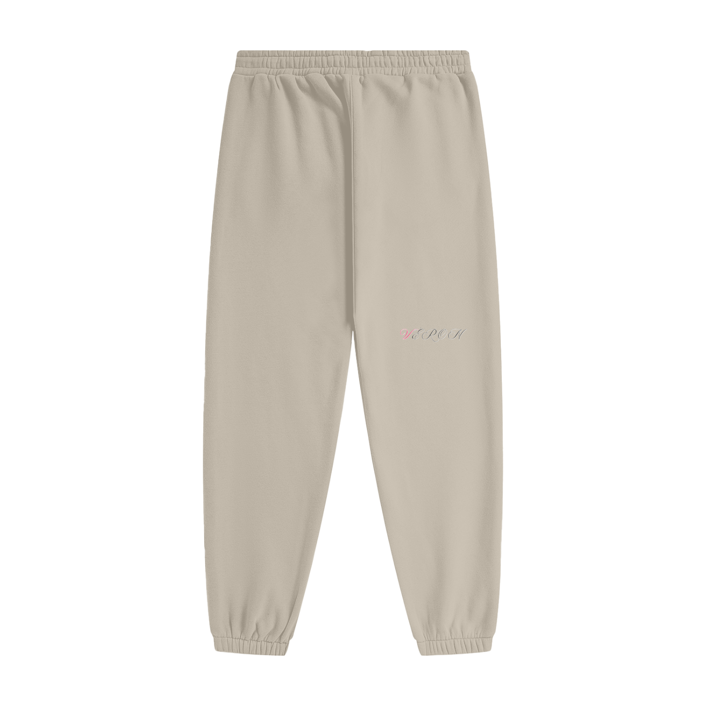 Beige sweatpants with text on a white background