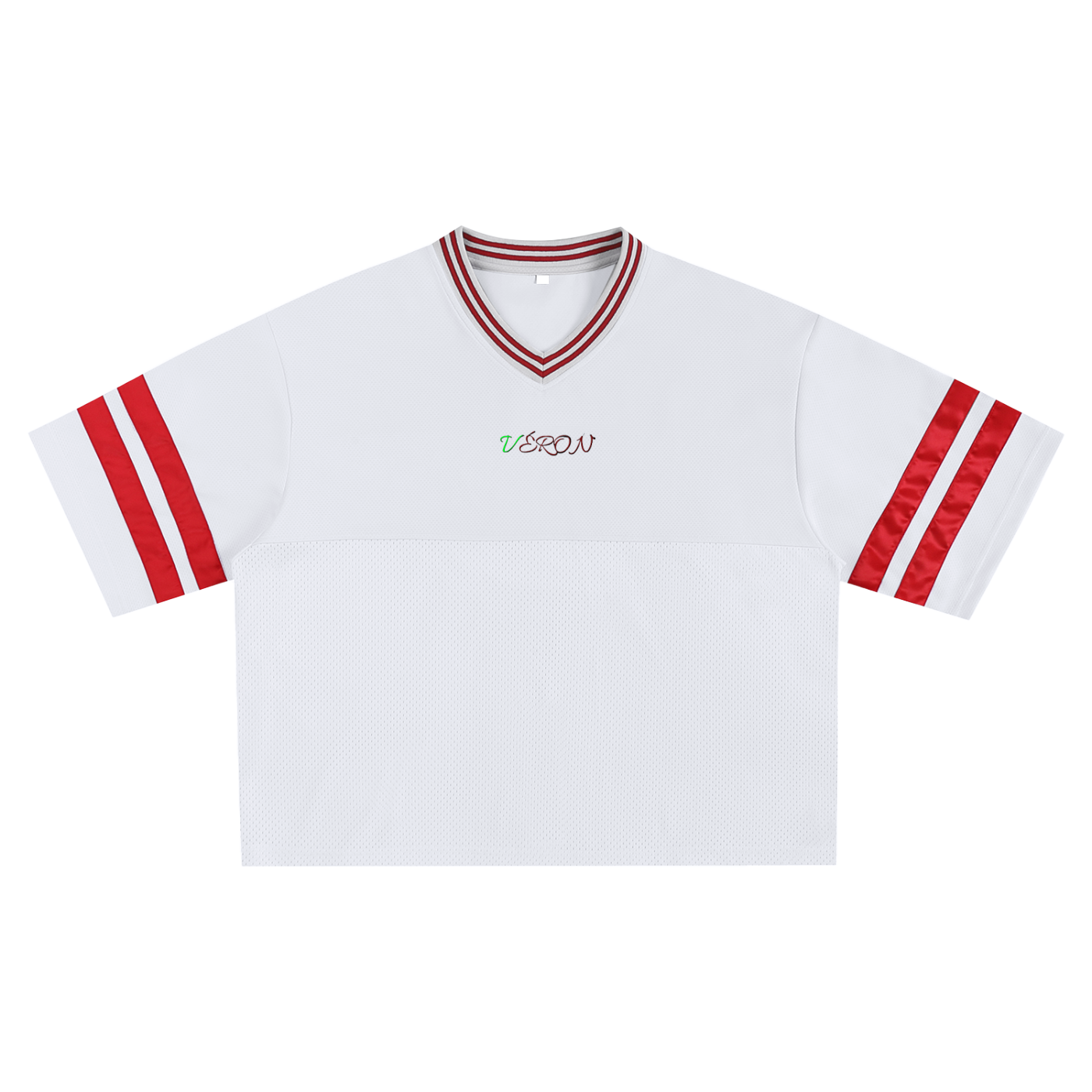 Front view of VÉRON PARIS Unisex Jersey Shirt in bold red and white