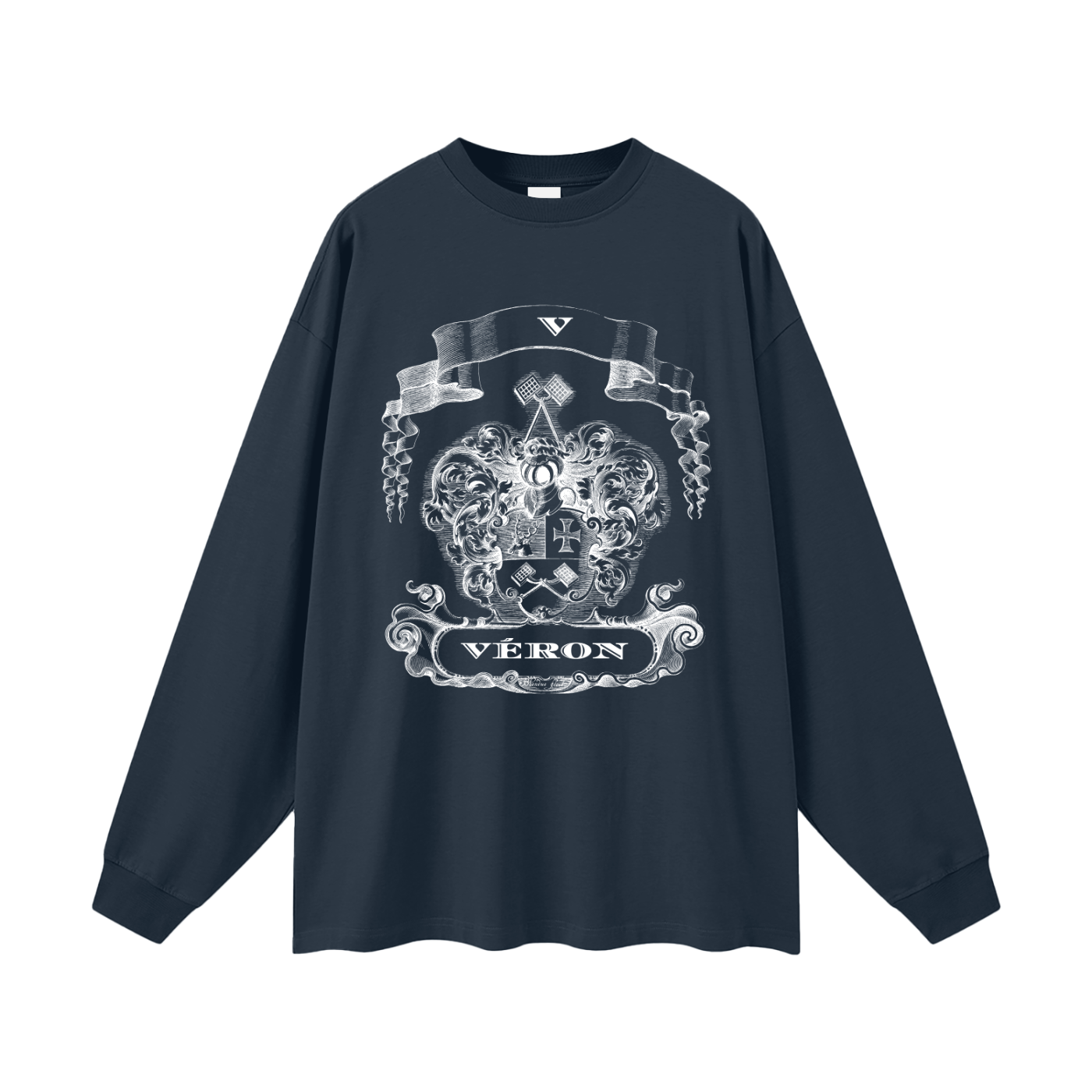 Navy blue long-sleeve shirt with white emblem and 'VERON' text on a white background