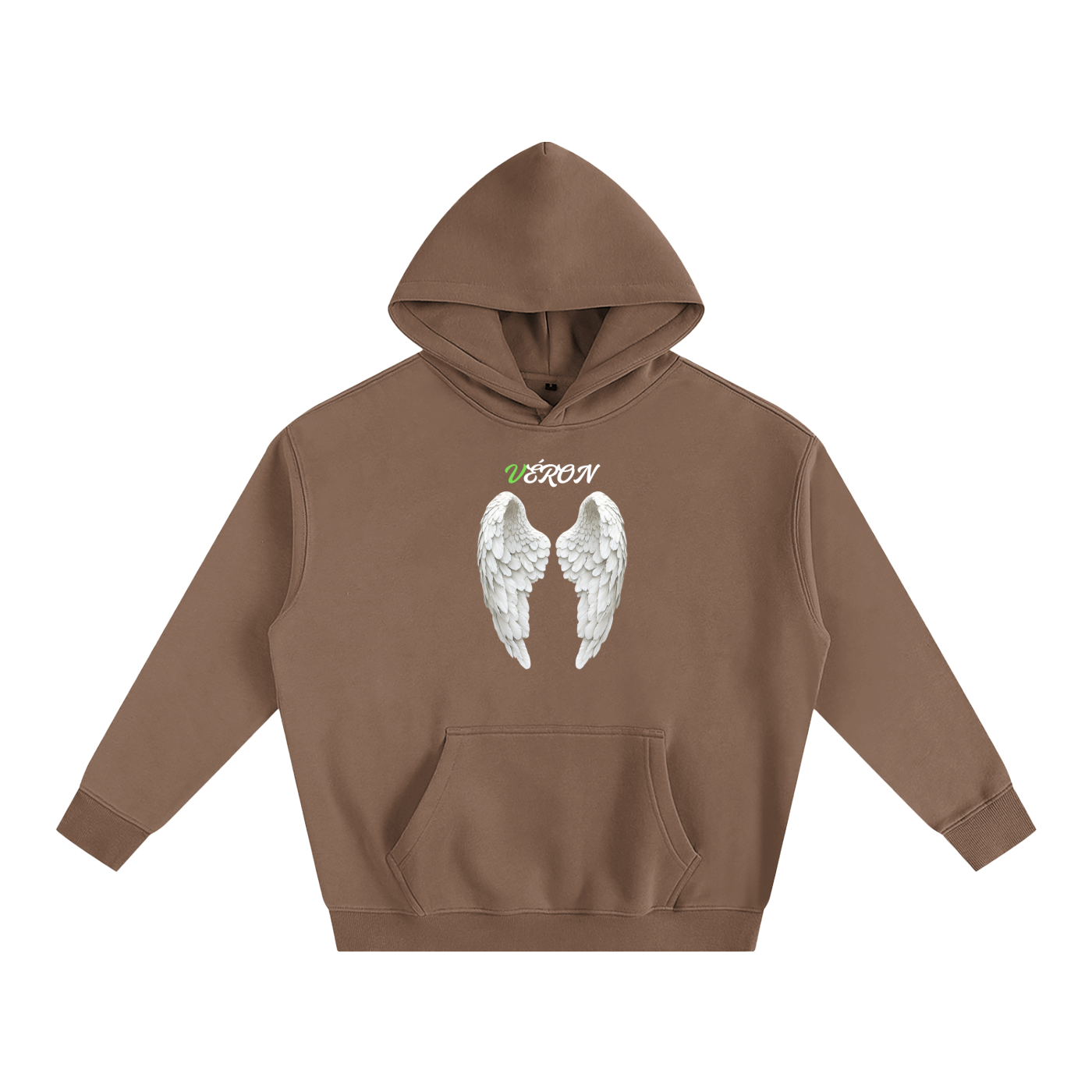 Brown hoodie with angel wings and text design on a white background