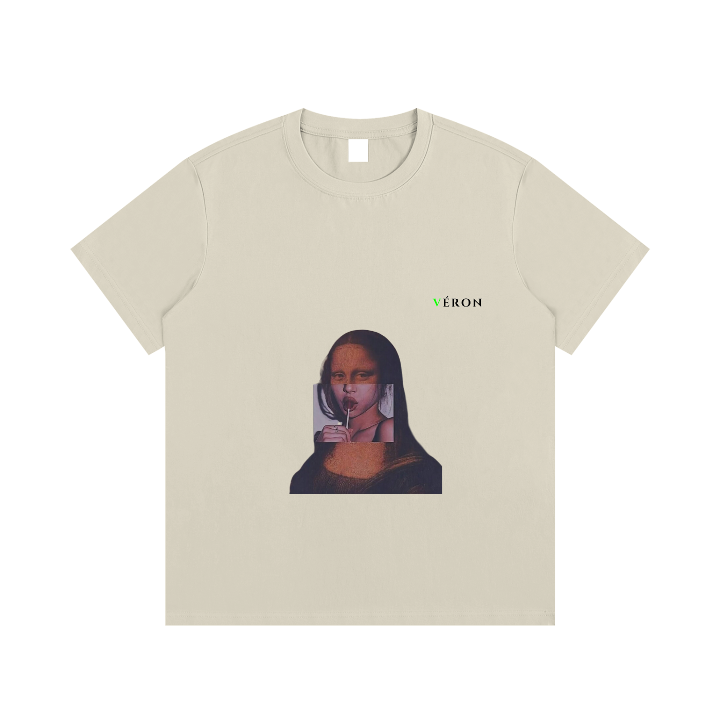 Artistic VÉRON T-shirt laid flat showing Mona Lisa graphic.