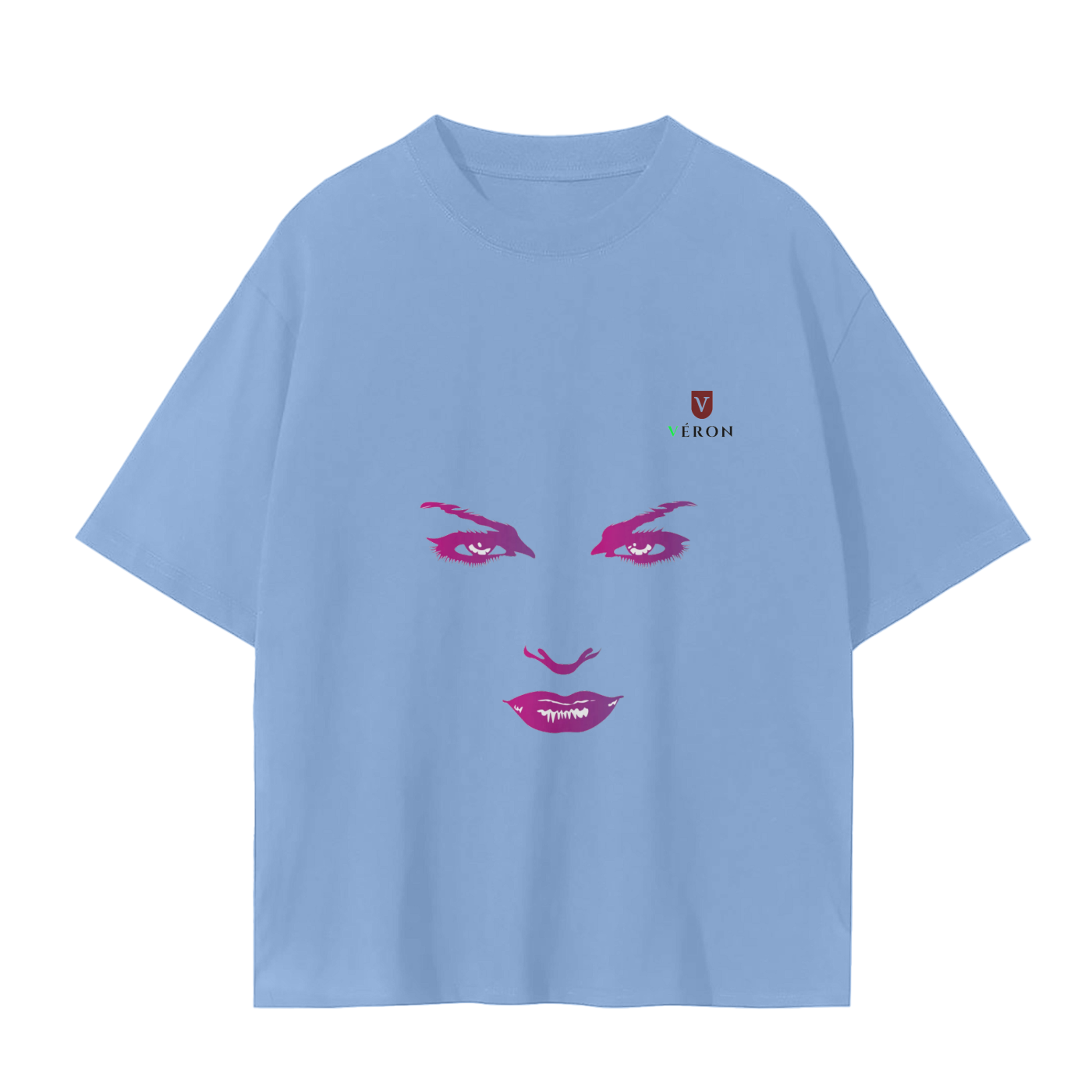 VERON Light blue t-shirt with a graphic design of eyes and lips on a white background