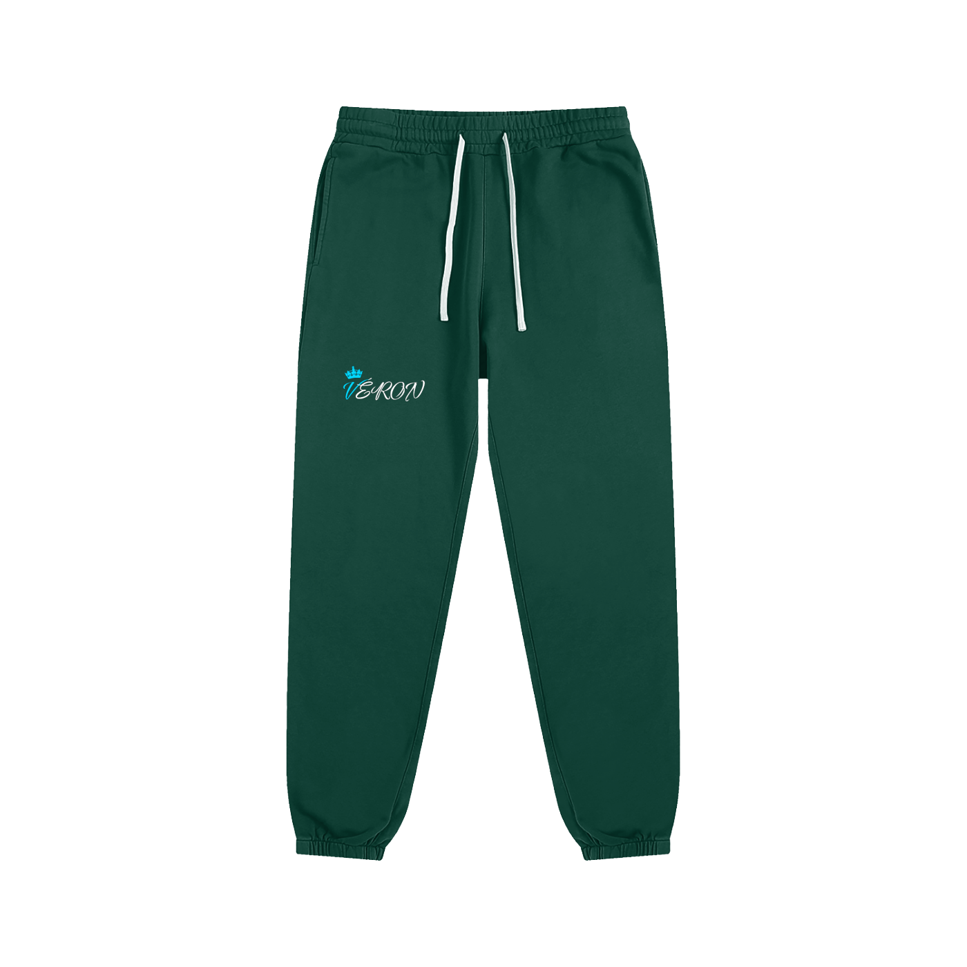 Green sweatpants with a logo on a white background.
