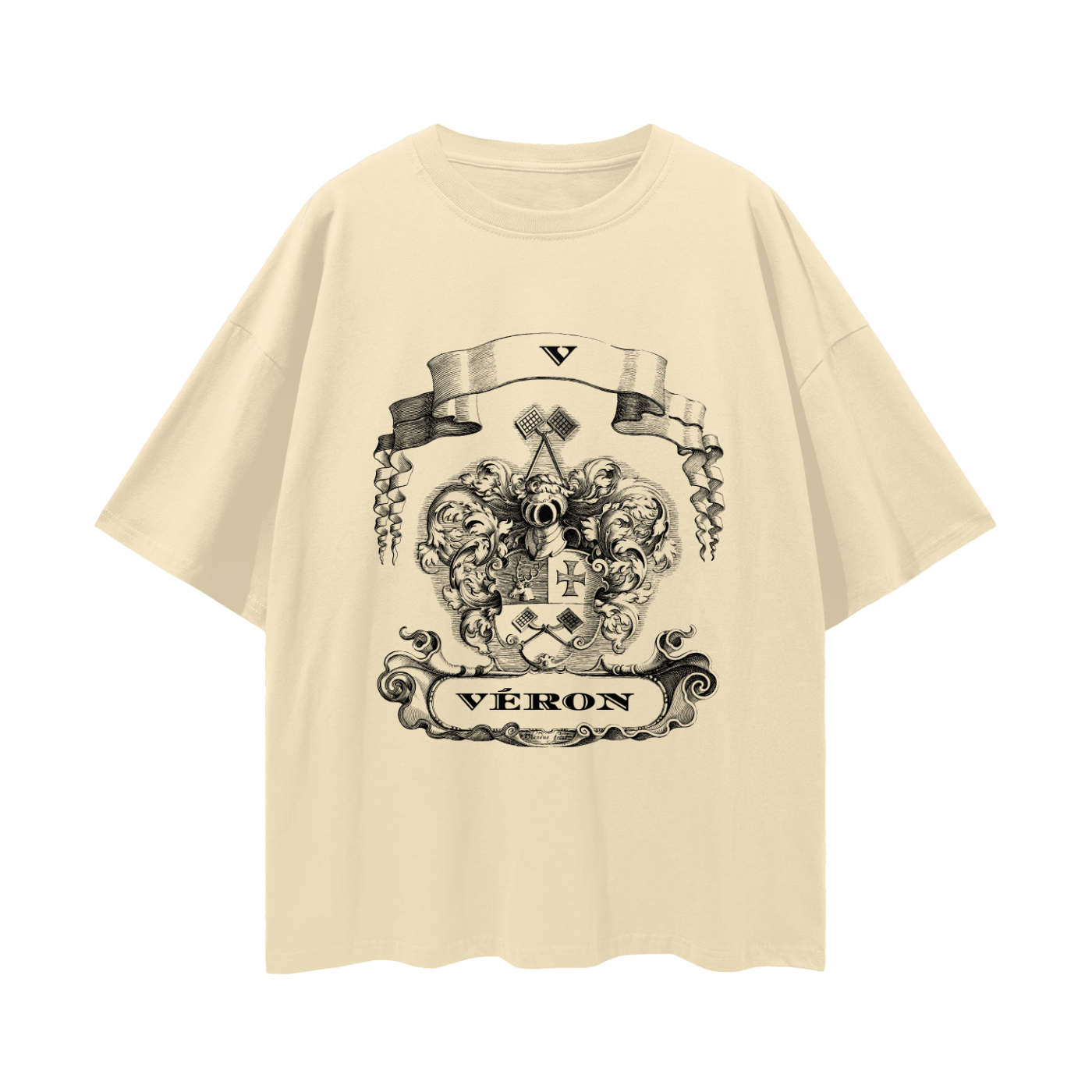 Beige t-shirt with black emblem and 'Véron' text on a white background