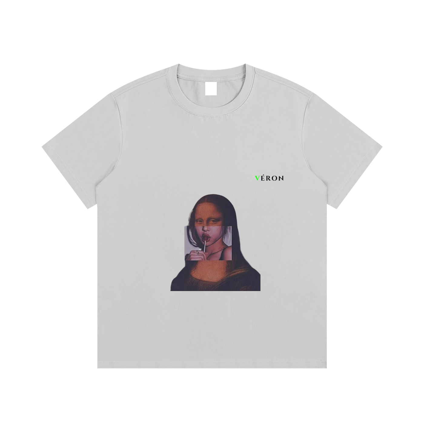 White t-shirt with a graphic design of a famous painting and 'Veron' branding on a white background
