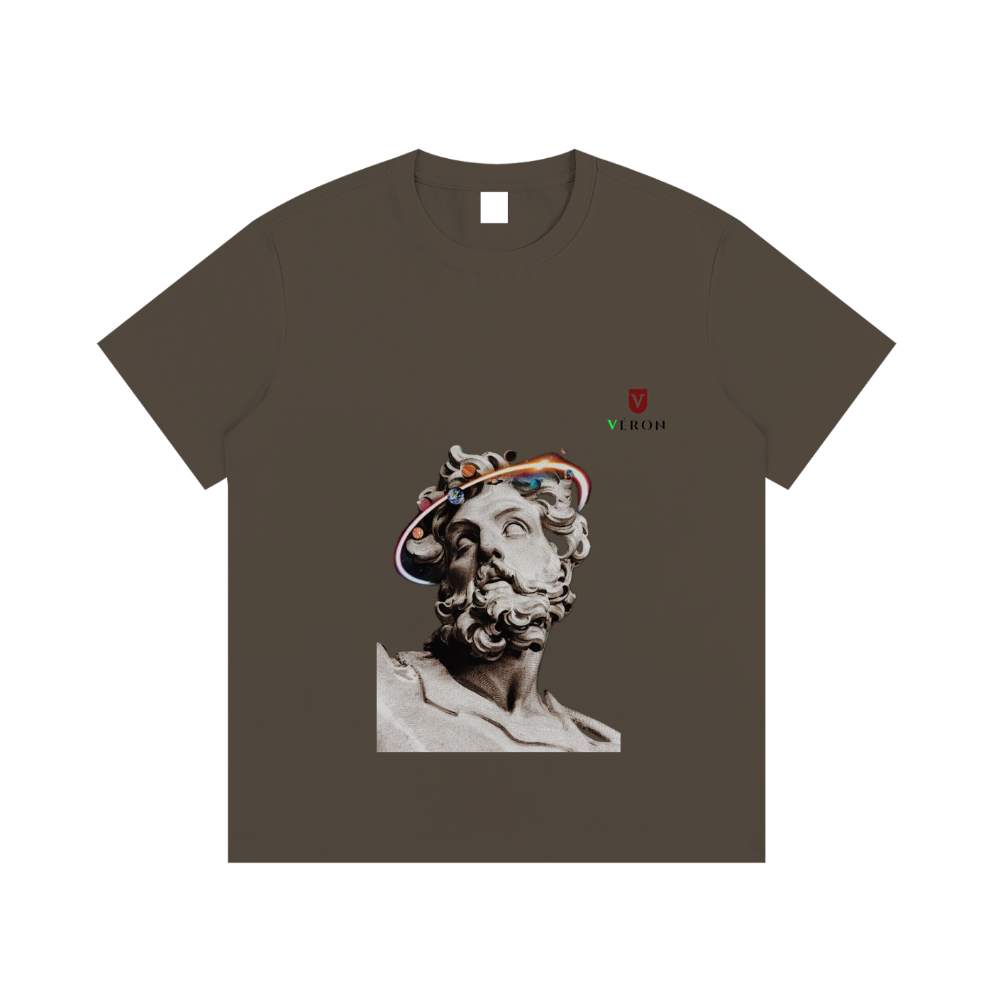 Brown t-shirt with a statue graphic and 'Veron' branding on a white background