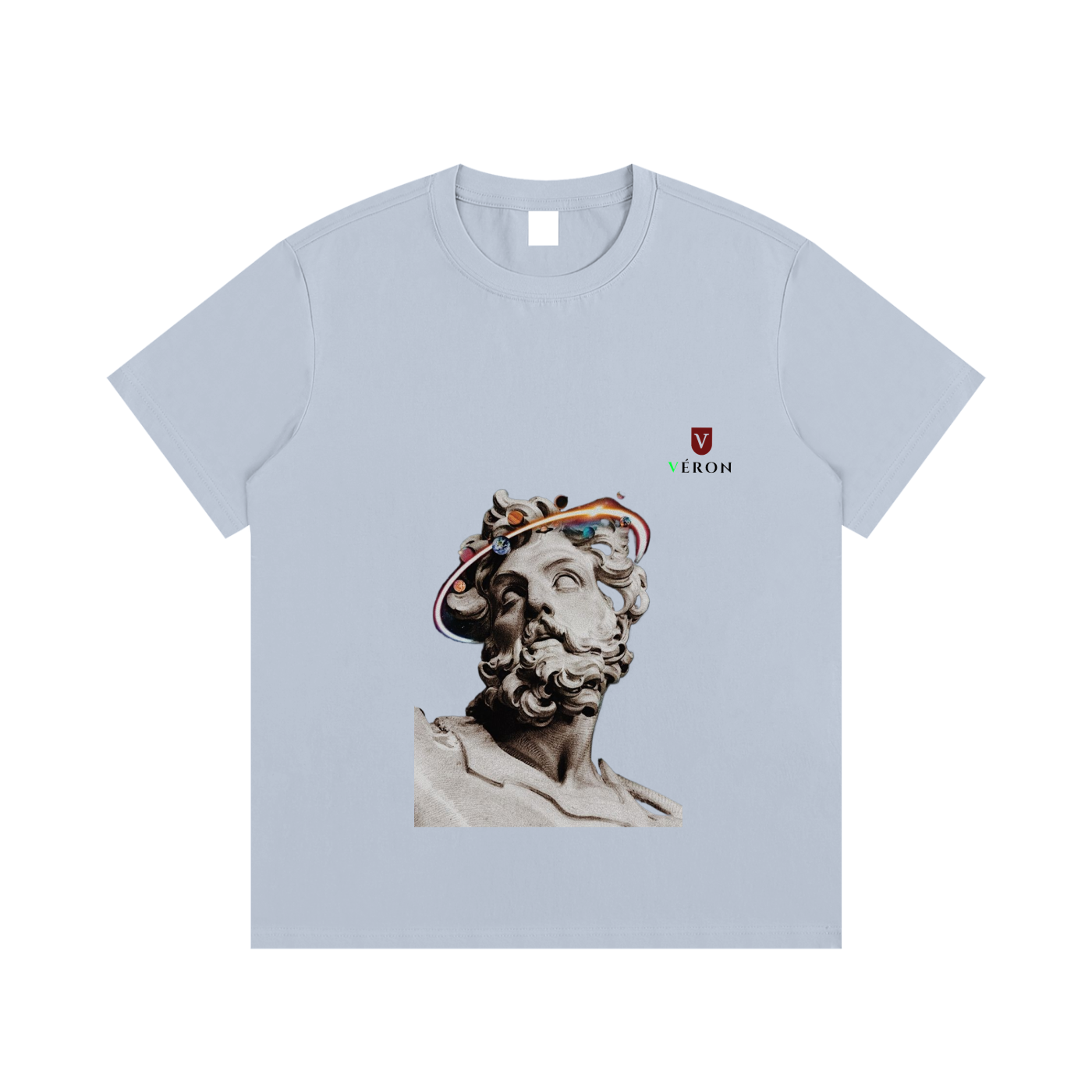 VÉRON La Sculpture t-shirt flat lay with accessories for fashion shoot.