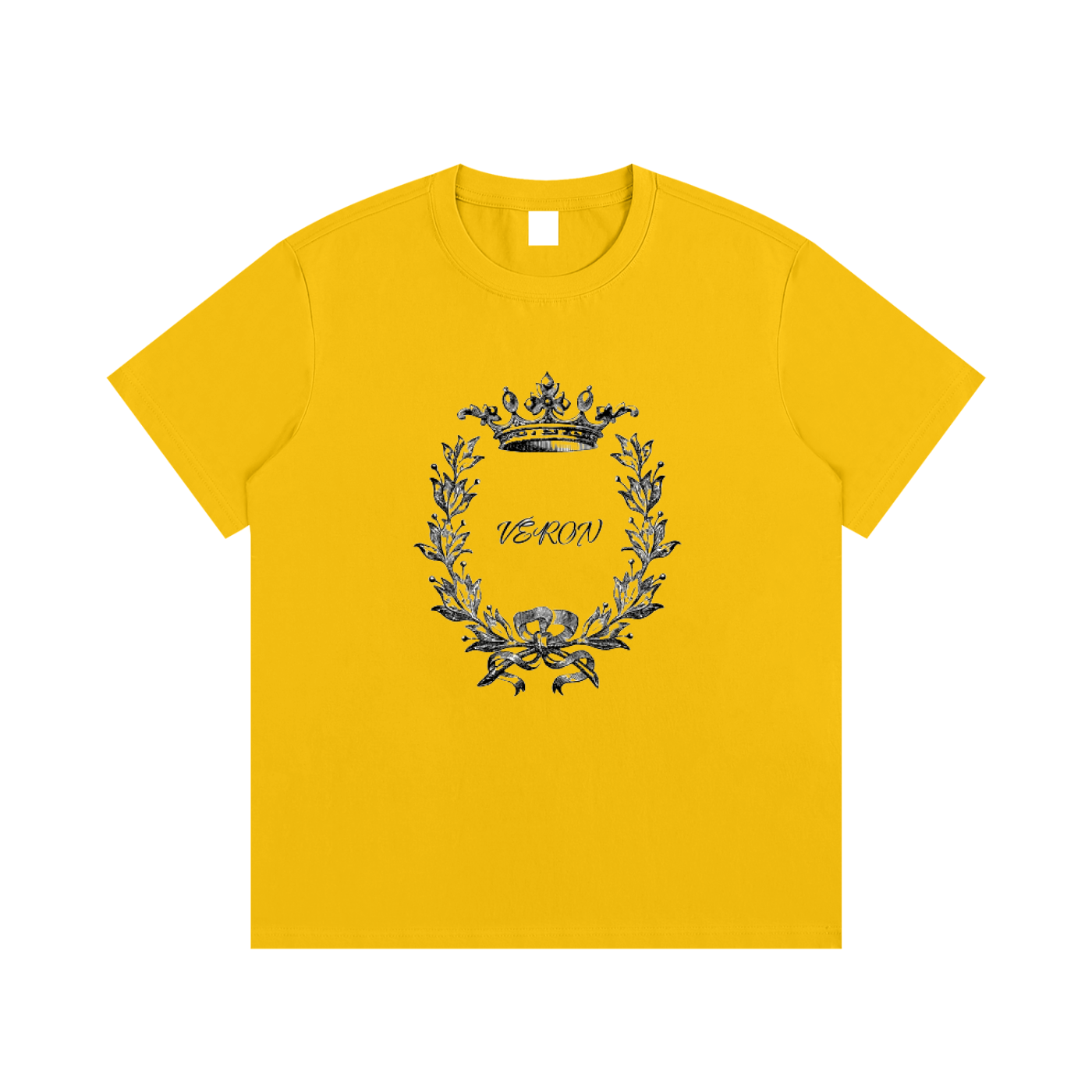 VERON Yellow t-shirt with a decorative design and text on a white background