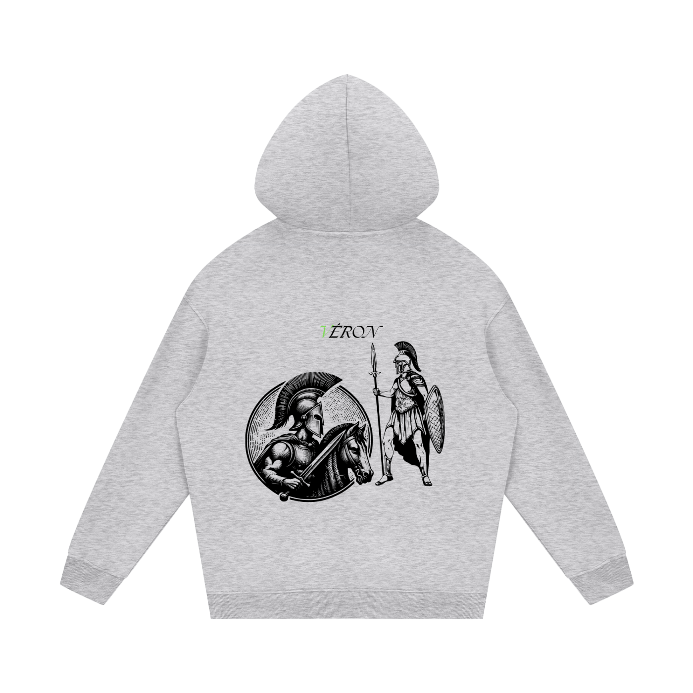 VERON Gray hoodie with warrior graphic on the back on a white background