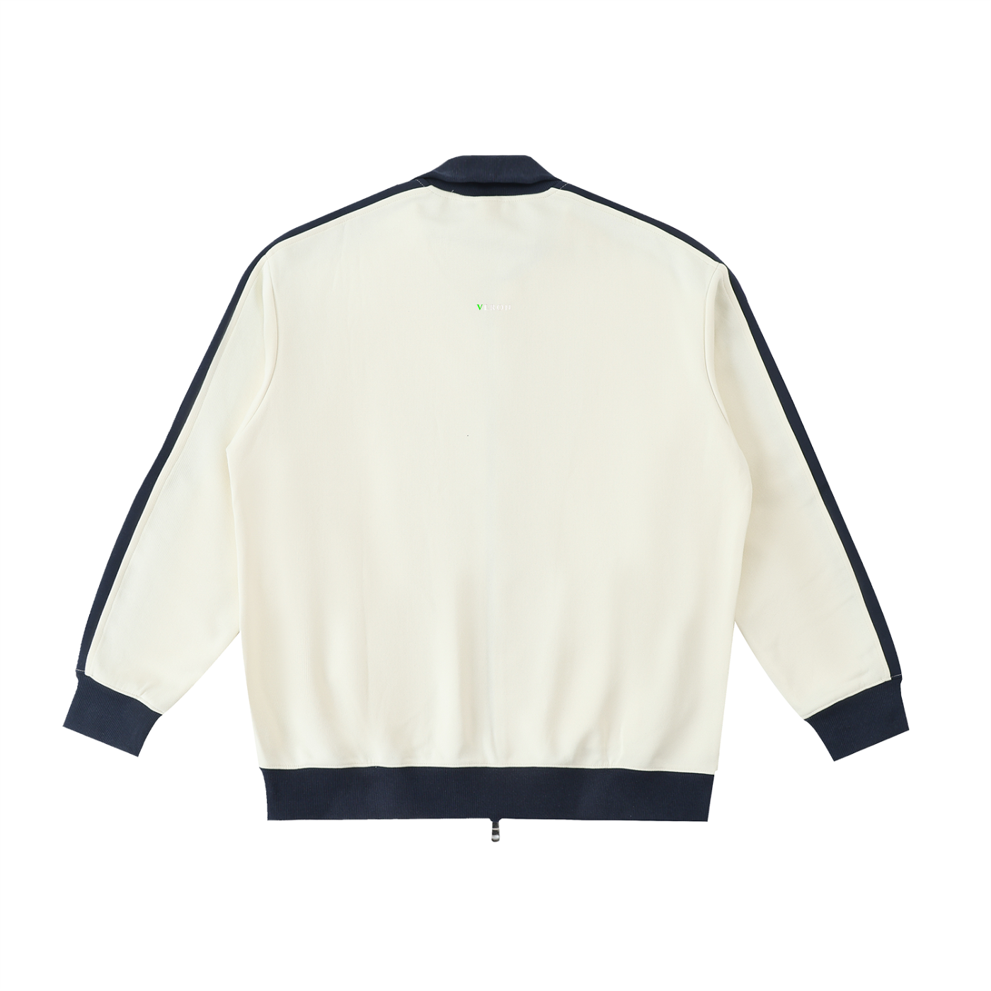 White jacket with navy accents on a white background