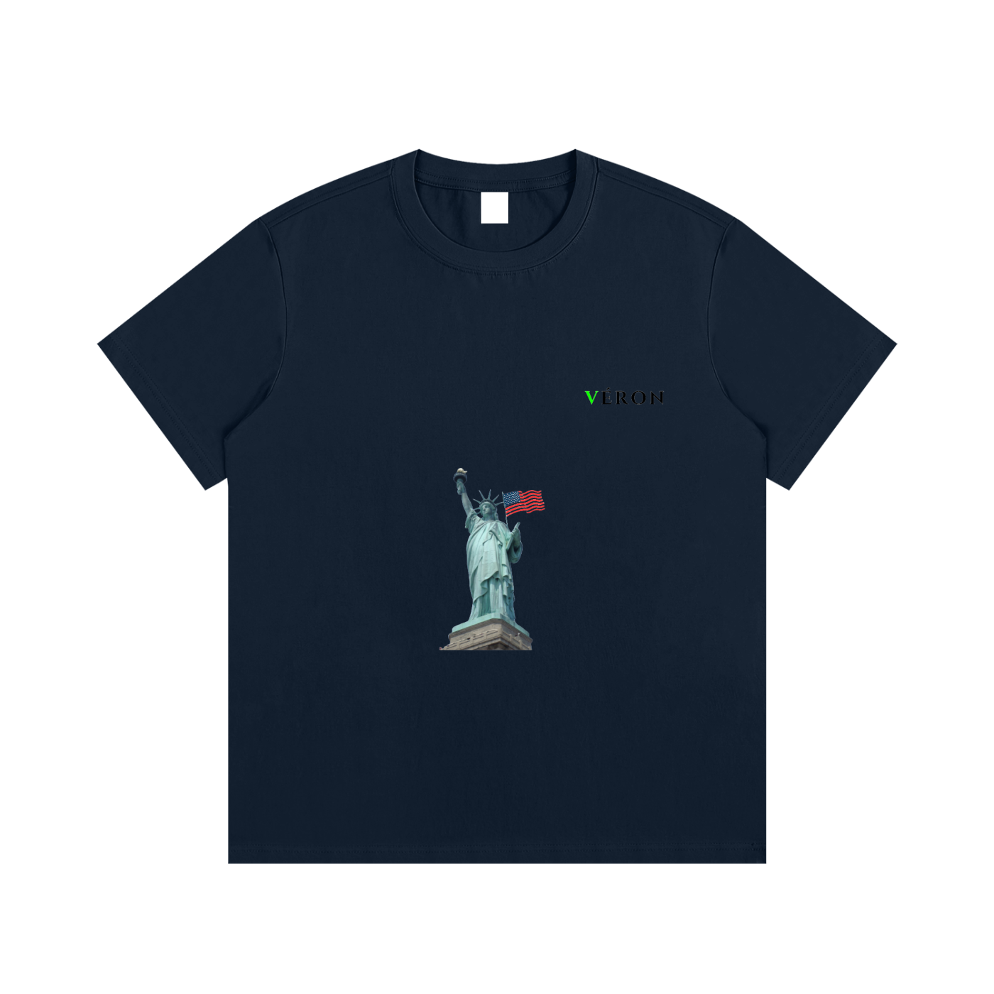 Navy blue t-shirt with Statue of Liberty graphic and American flag on a white background