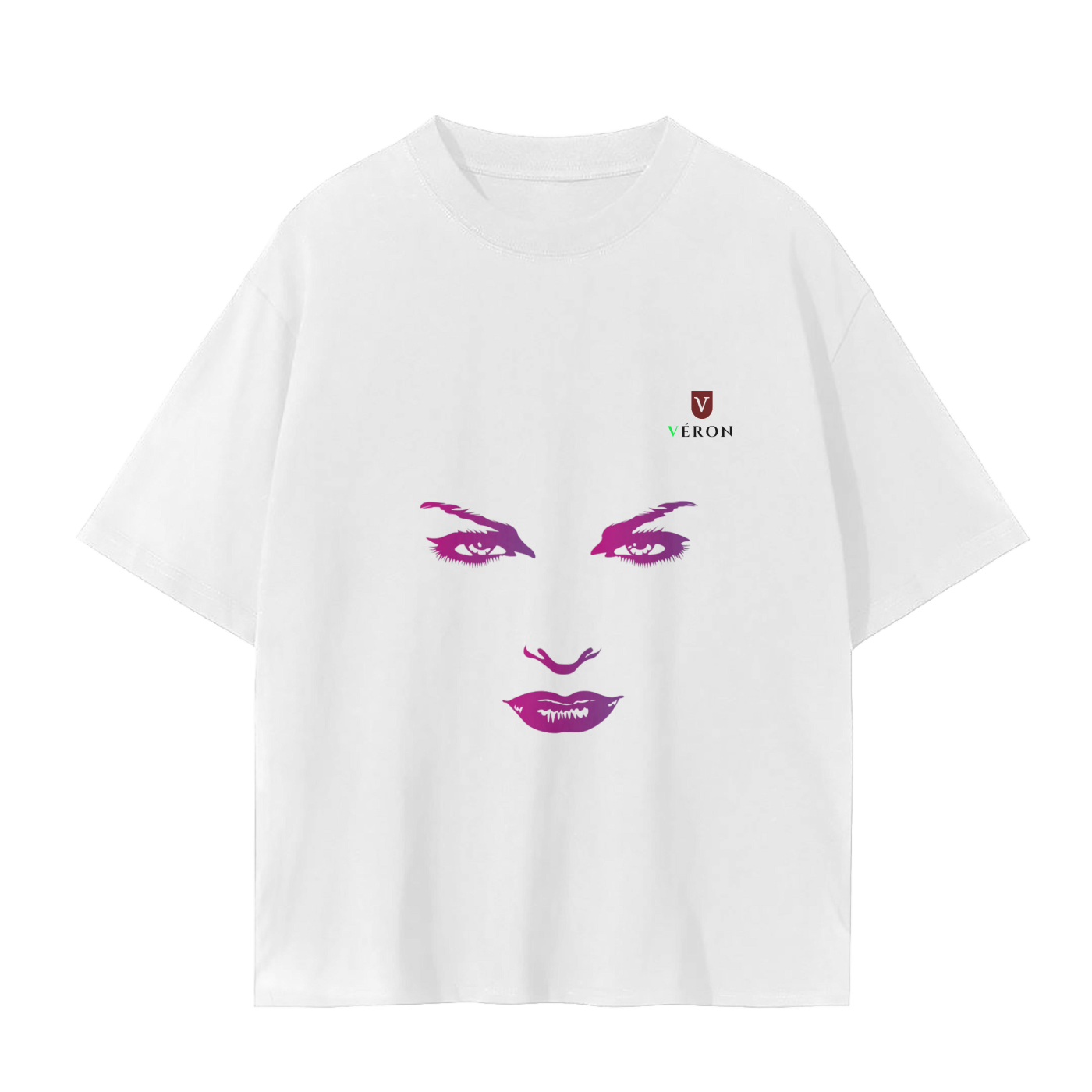 VERON White t-shirt with a graphic of a face with purple makeup on a white background
