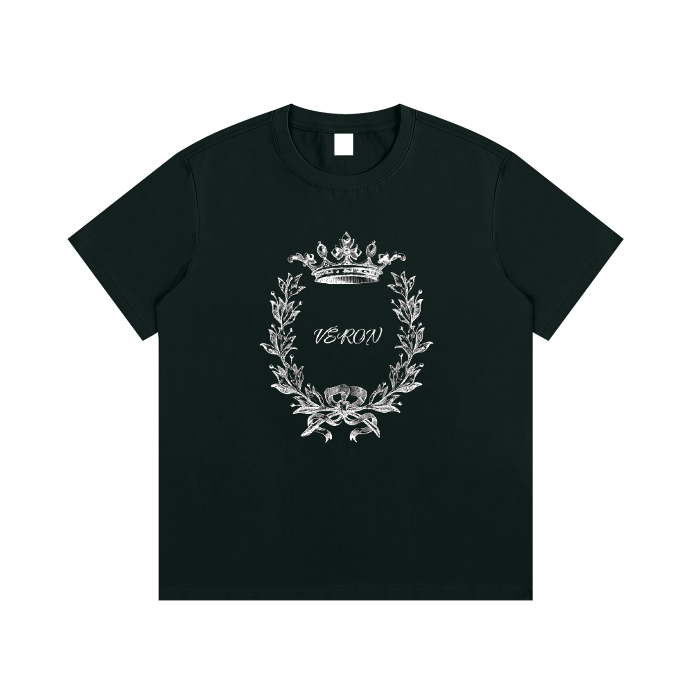 Black t-shirt with white floral design and 'VERON' text on a white background