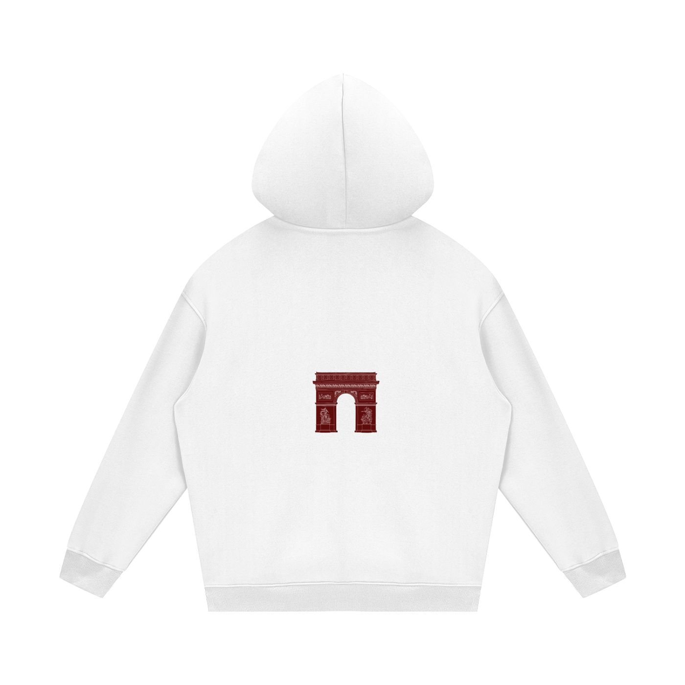 Close-up of embroidered Arc de Triomphe on back of VÉRON hoodie.