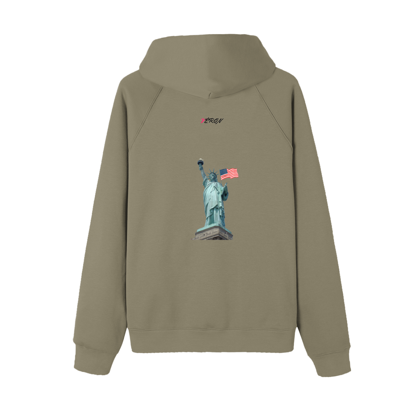 Khaki hoodie with Statue of Liberty graphic on a white background.