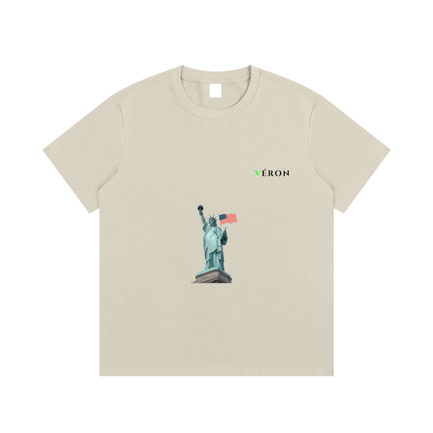 Beige t-shirt with Statue of Liberty graphic and 'Veron' branding on a white background