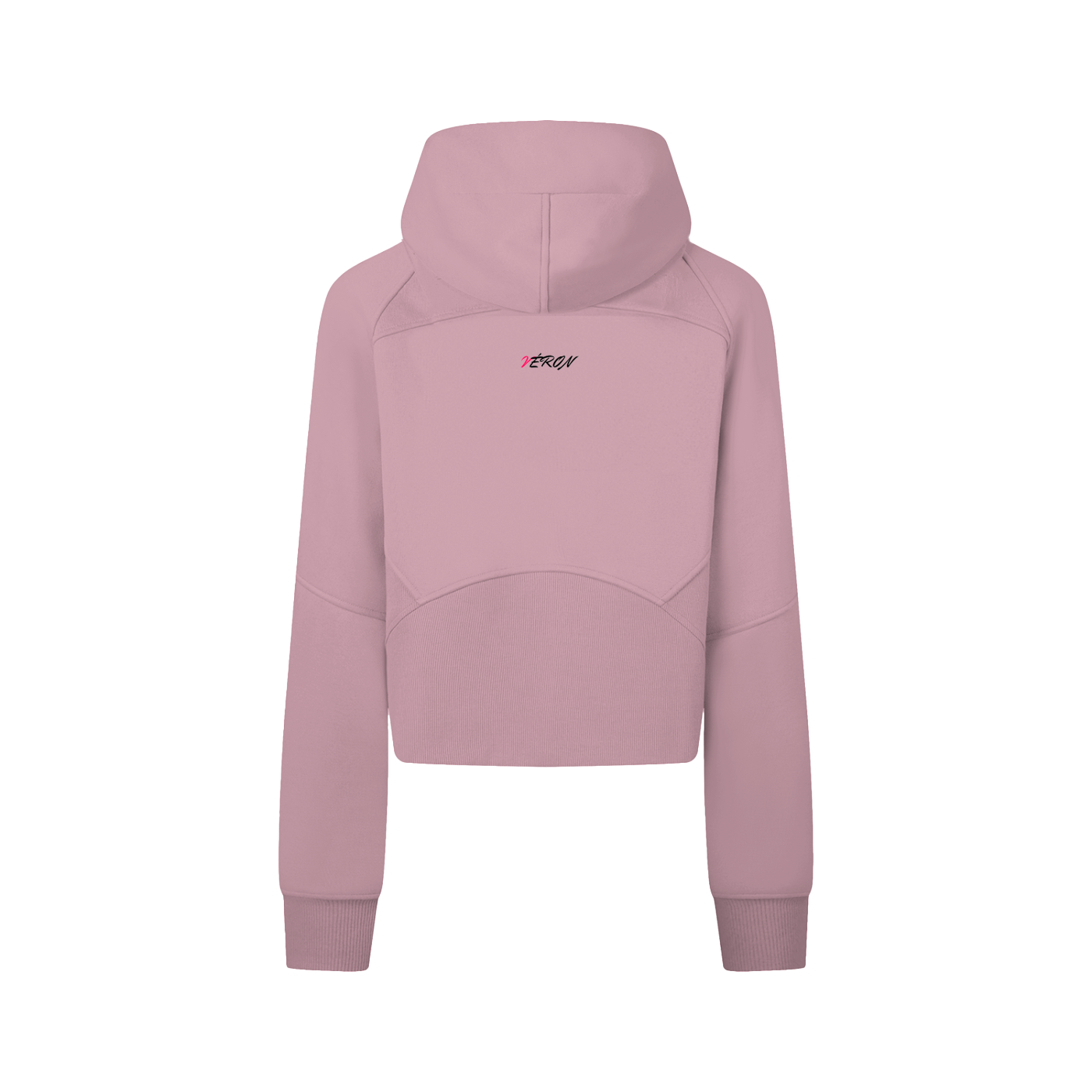 Pink hoodie with a brand logo on the back against a white background