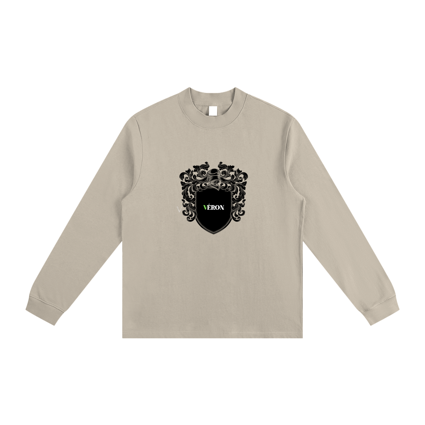 Beige sweatshirt with black emblem and 'VERON' text on a white background