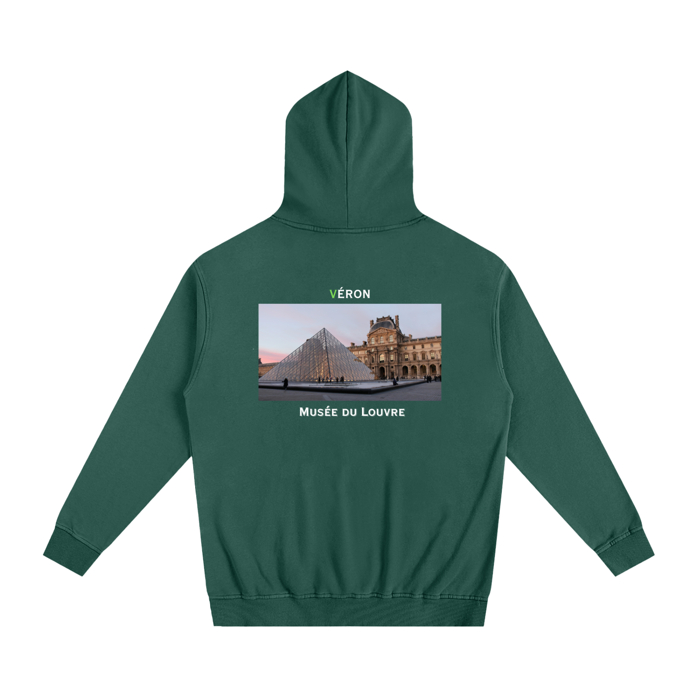 Green hoodie with a printed design on the back featuring the Louvre Museum.
