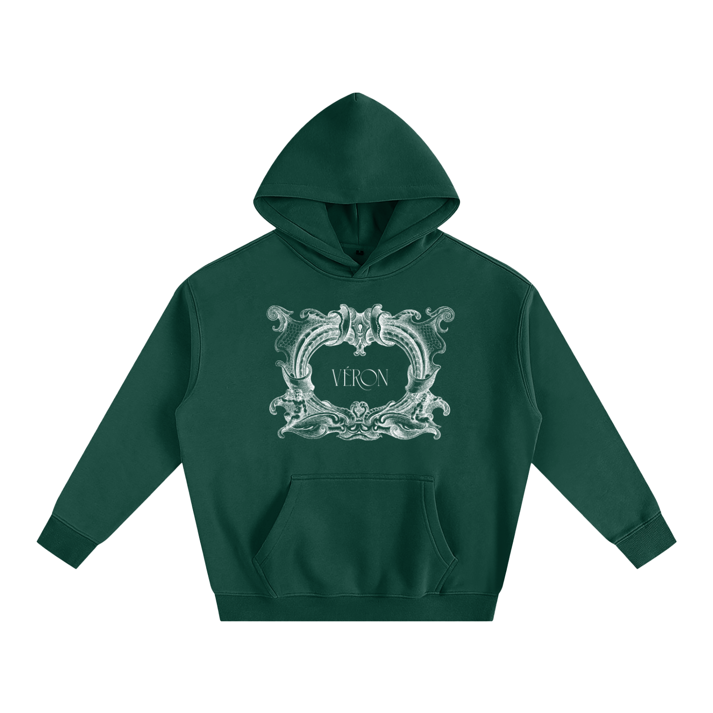 Green hoodie with decorative emblem and 'VERON' text on a white background