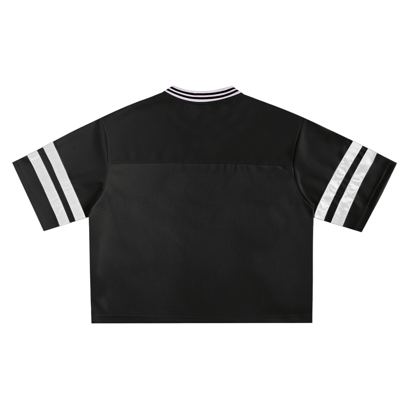 Black sports jacket with white stripes on sleeves and collar on a white background