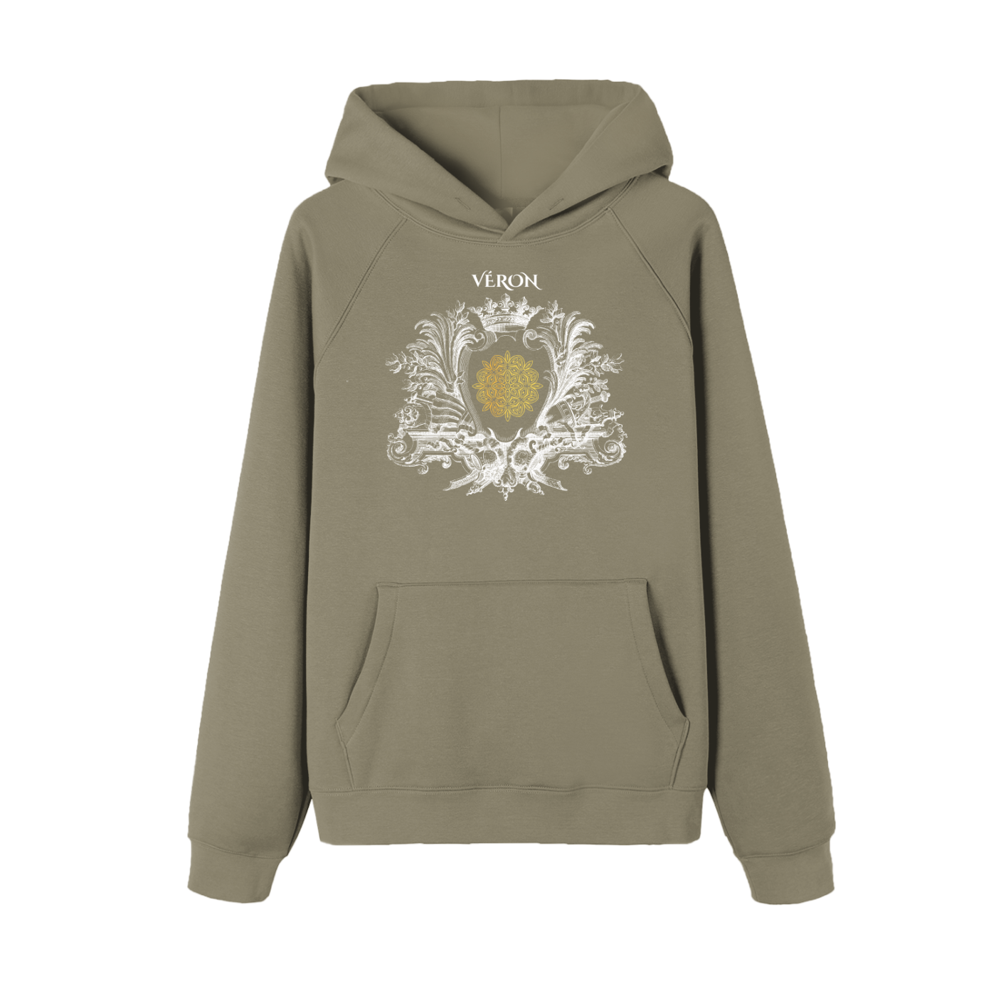 Khaki hoodie with decorative emblem and 'VERON' text on a white background