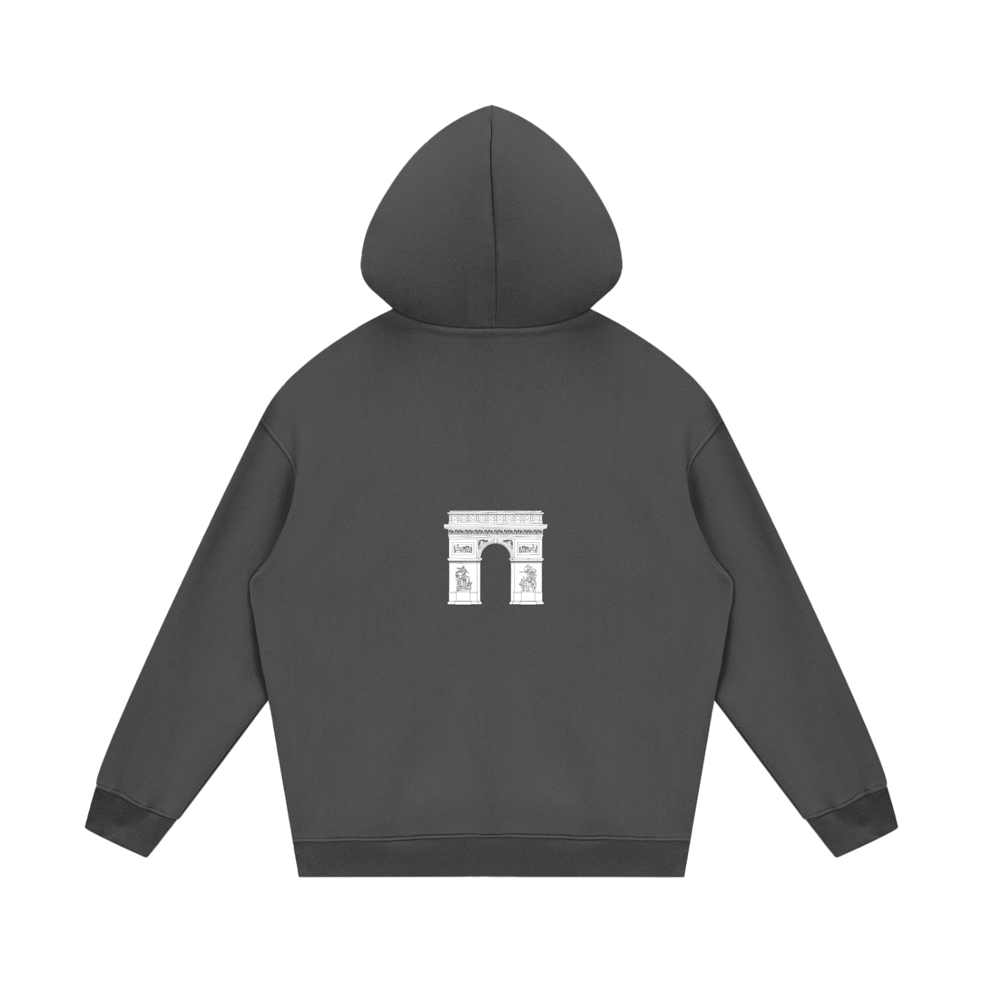 Dark gray hoodie with a white emblem on the back against a white background