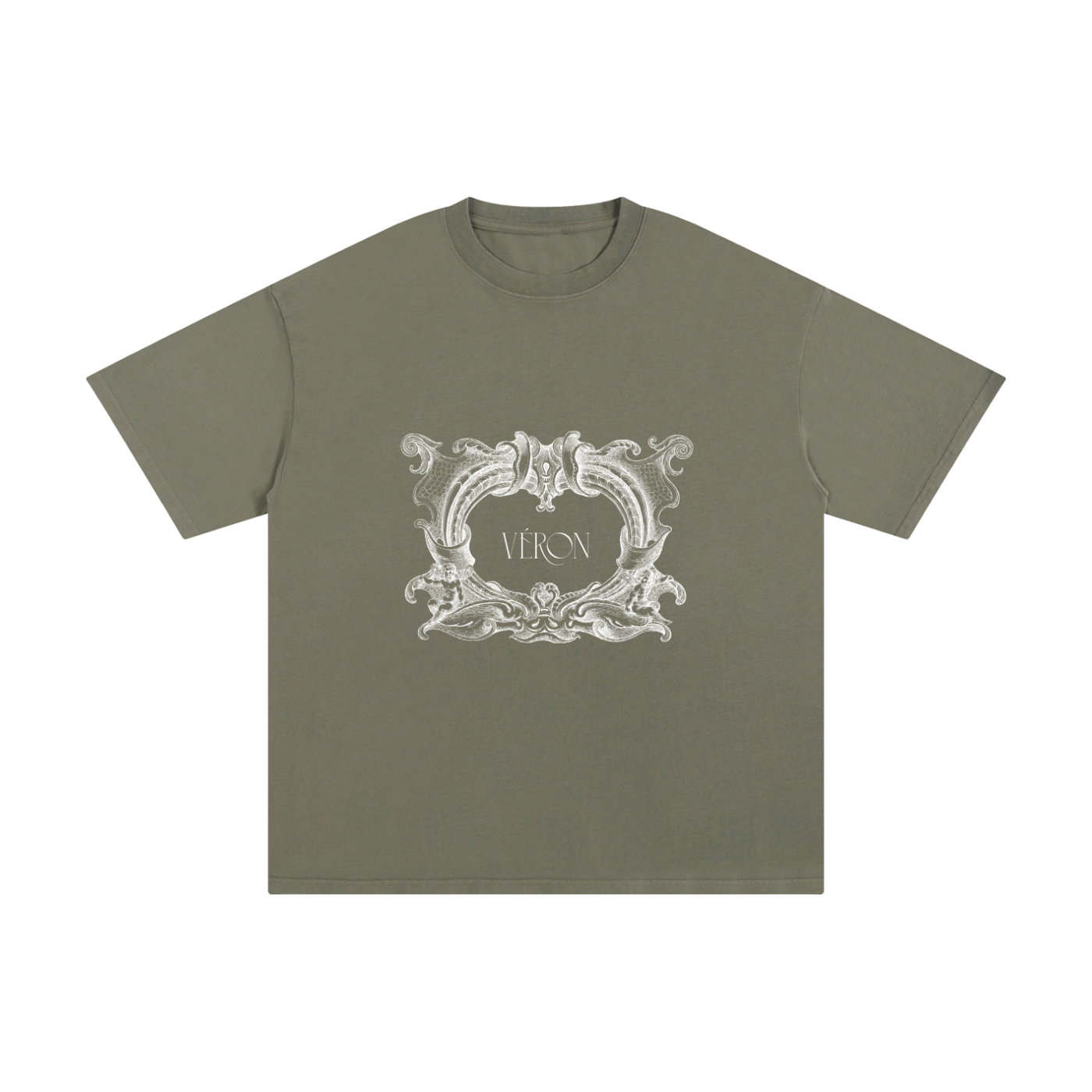 Green t-shirt with decorative emblem and 'VERON' text on a white background