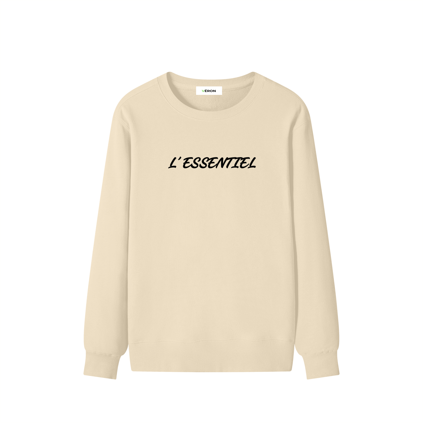 Beige long-sleeve shirt with 'L'ESSENTIEL' text on a white background