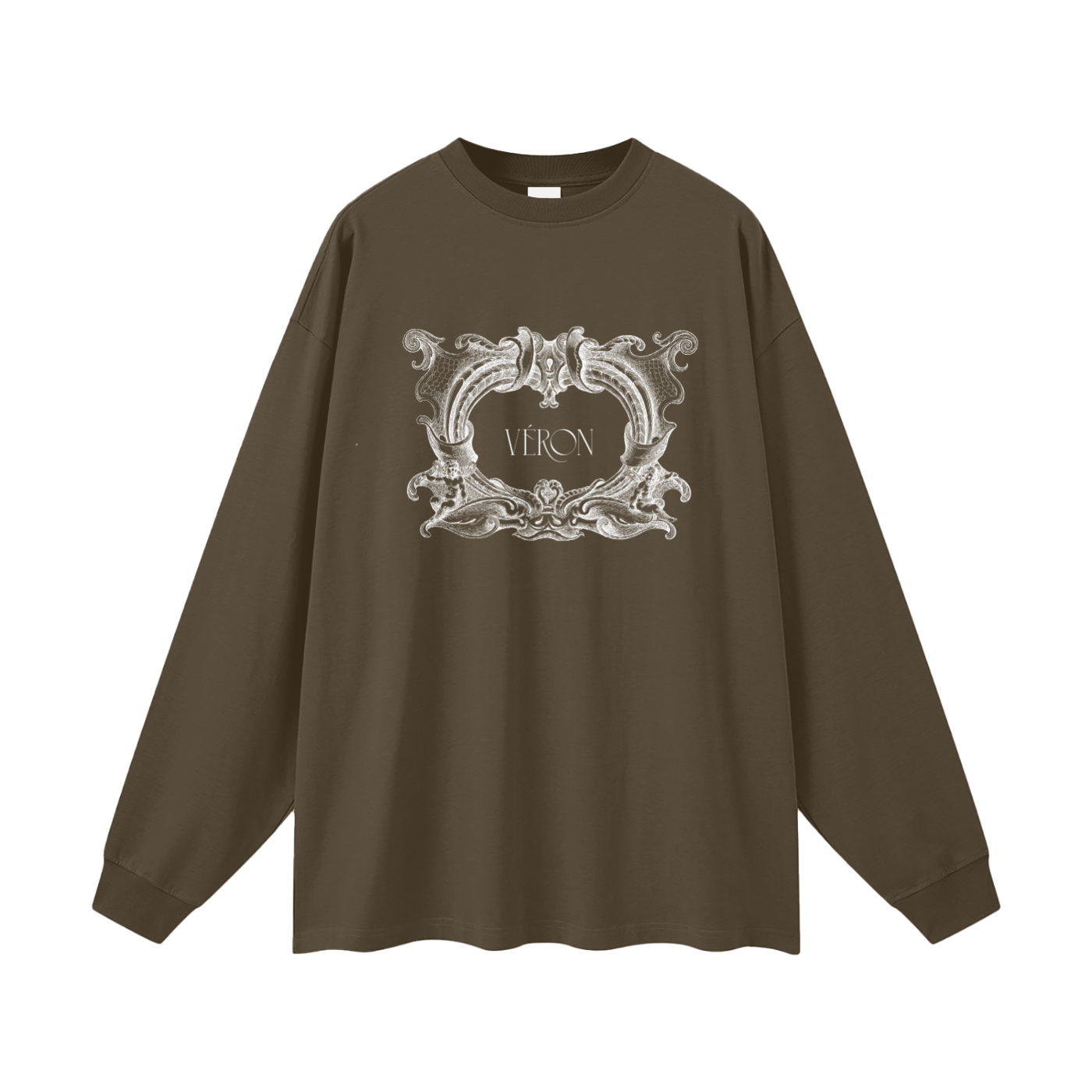 Brown long-sleeve shirt with decorative emblem and 'VERON' text on a white background