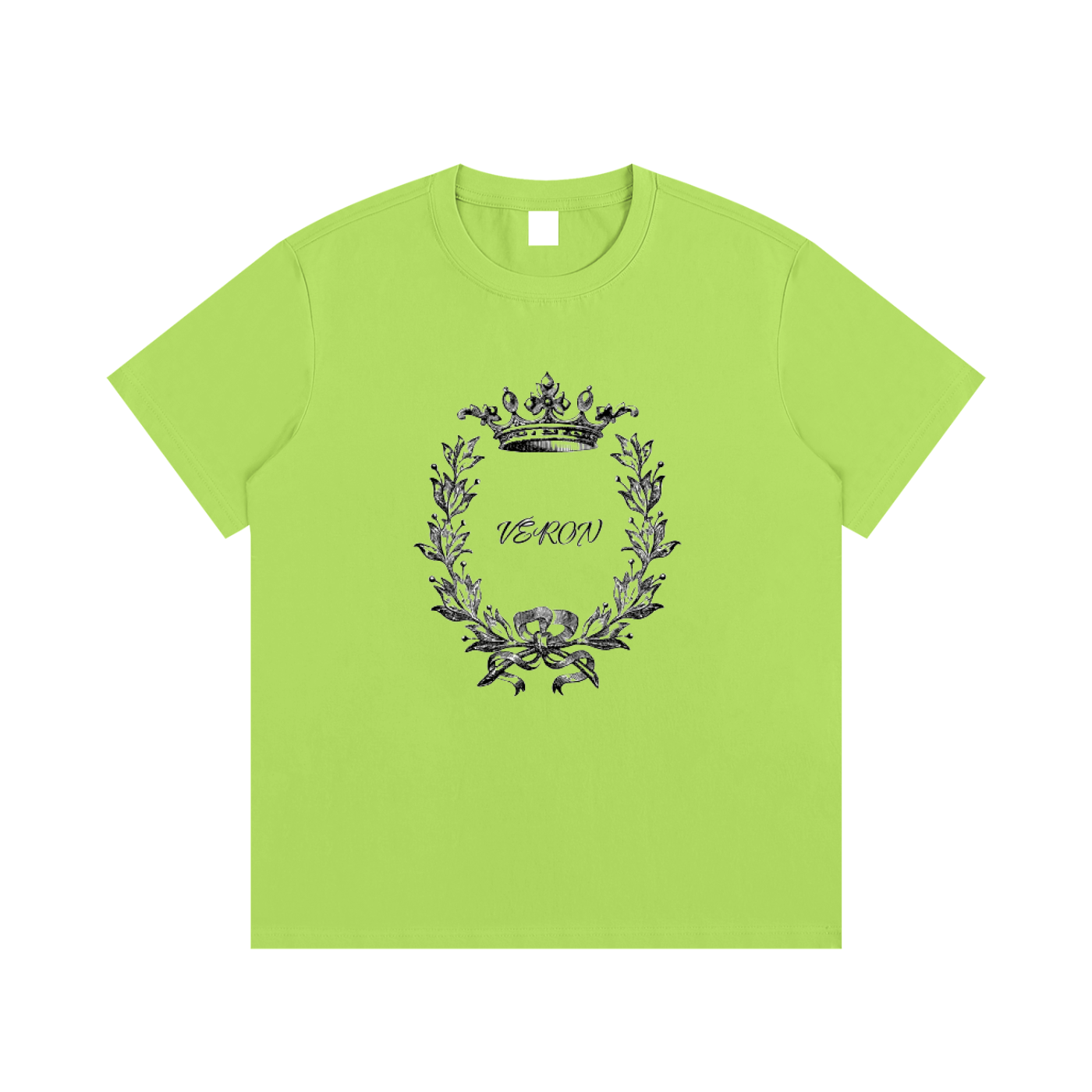 VERON Green t-shirt with a decorative design and text on a white background