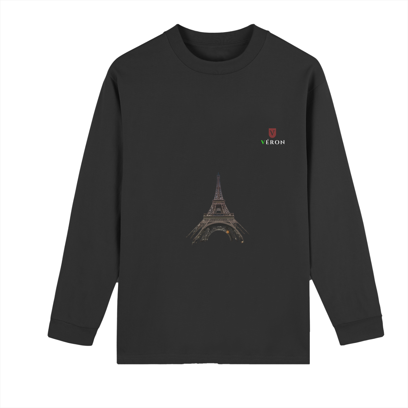 Black long-sleeve shirt with Eiffel Tower design and 'VERON' logo on a white background 1.