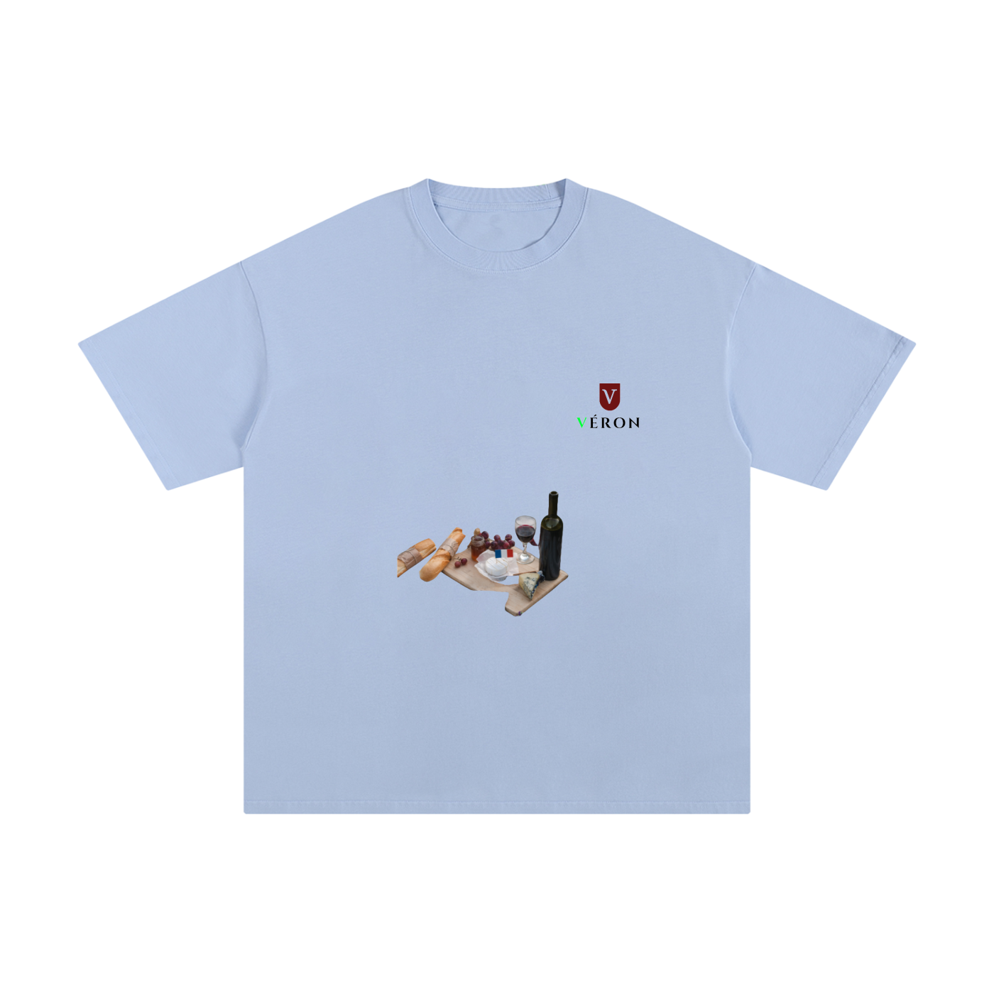 Light blue t-shirt with a graphic design on a white background