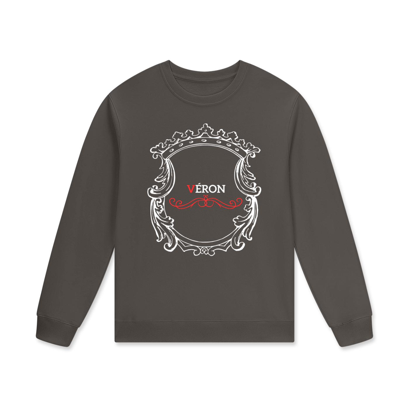 Dark gray sweatshirt with decorative emblem and 'VERON' text on a white background
