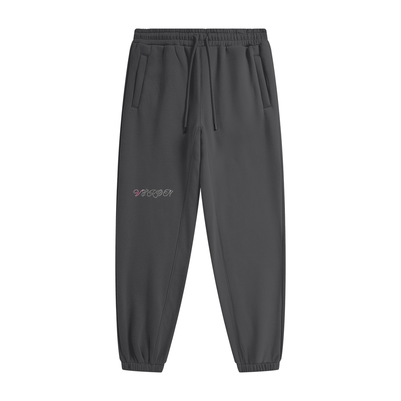 Dark gray sweatpants with a brand logo on a white background