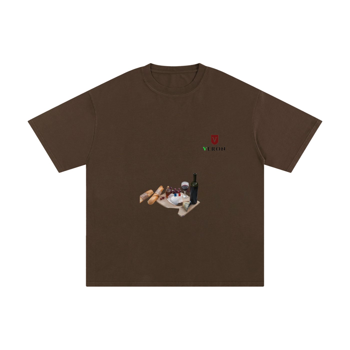 VERON Brown t-shirt with a graphic design on a white background