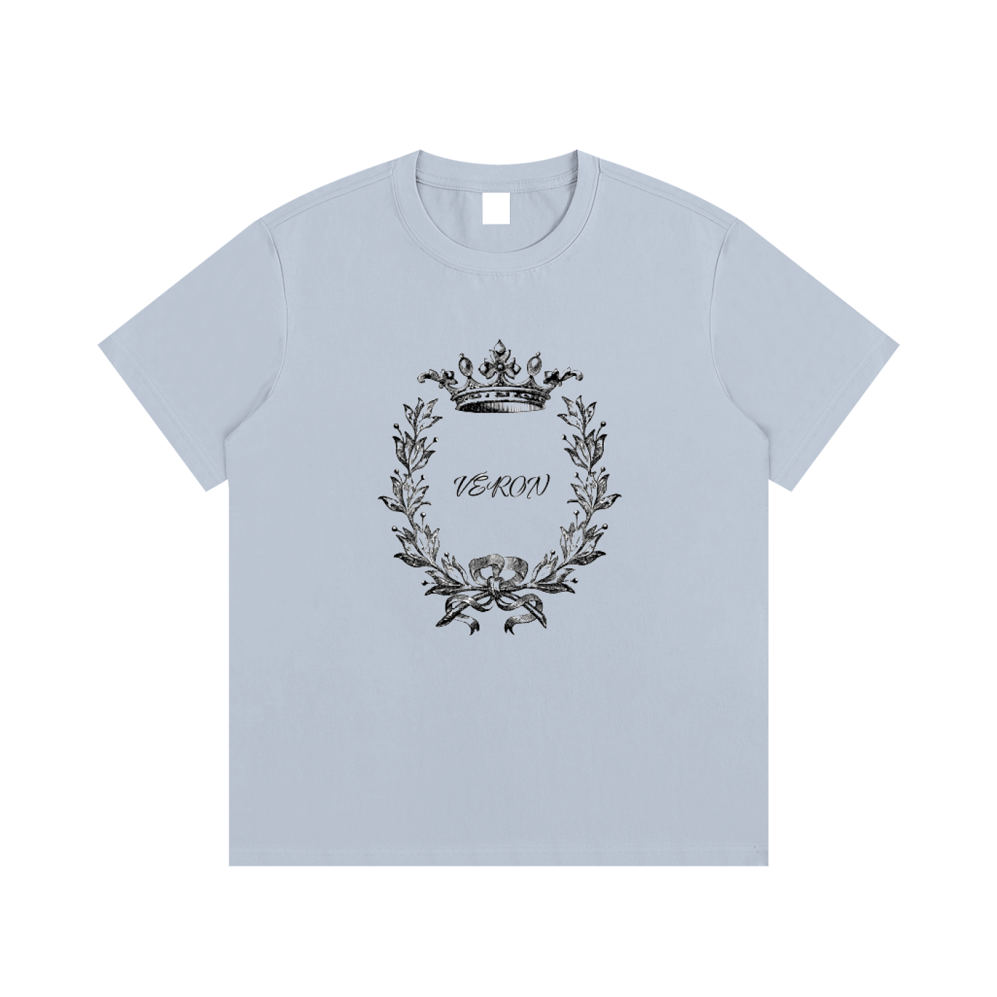 VERON Light blue t-shirt with black laurel wreath and crown design on a white background