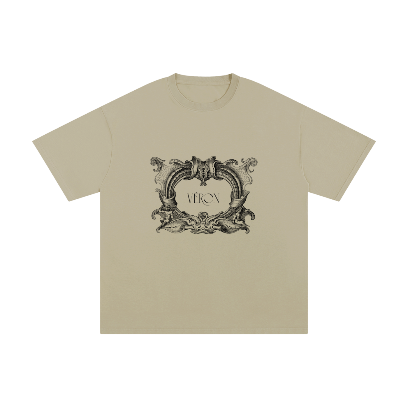 Beige t-shirt with decorative emblem and 'VERON' text on a white background
