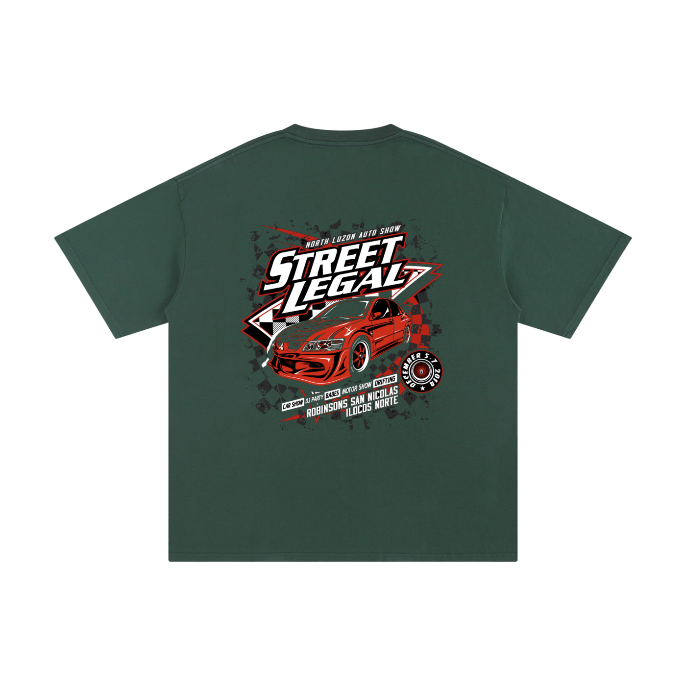 Green t-shirt with 'Street Legal' car graphic on a white background