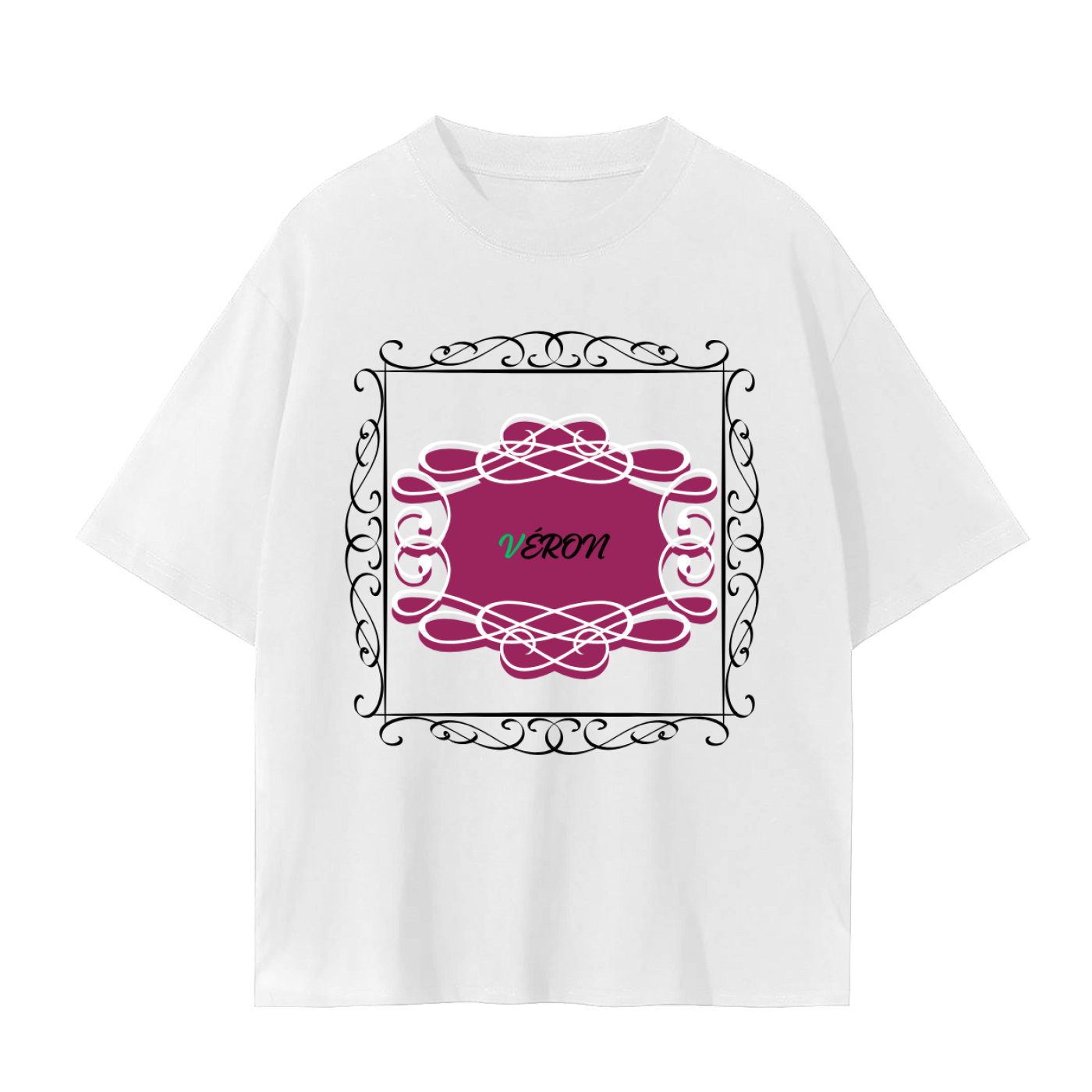 White t-shirt with decorative pink design and 'VERON' text on a white background