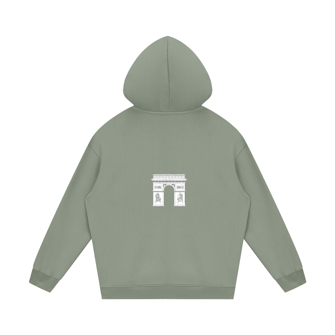 Green hoodie with a white graphic on the back against a white background