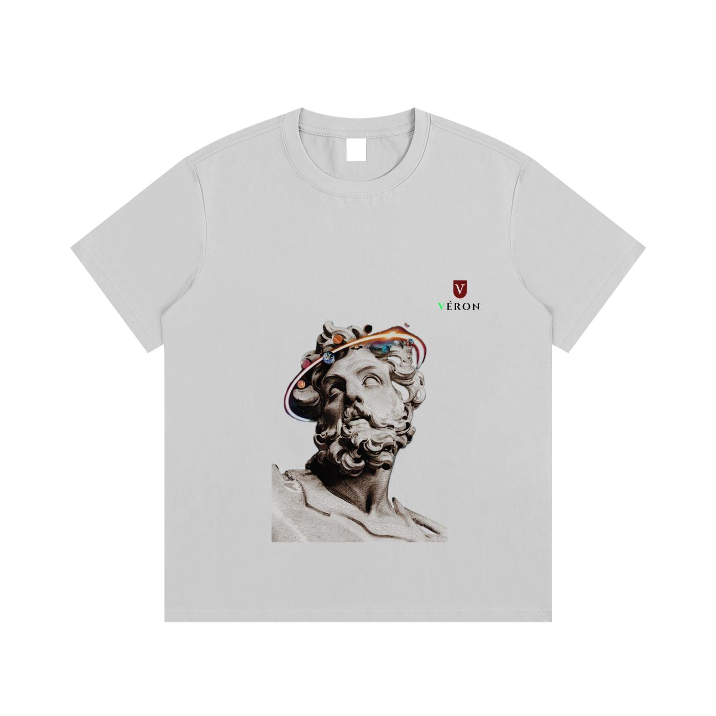 White t-shirt with a graphic of a classical sculpture wearing a modern hat on a white background