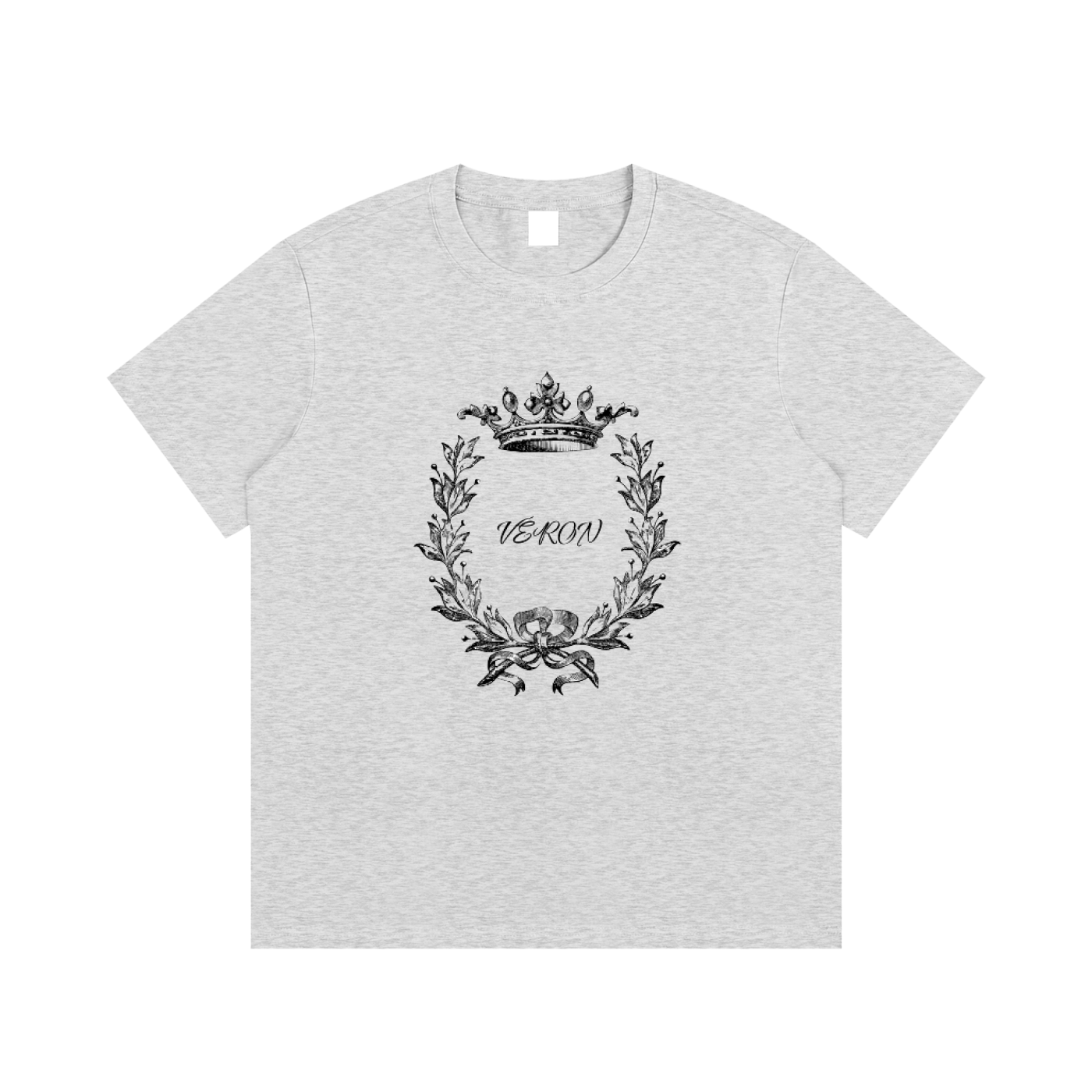 VERON Gray t-shirt with black laurel wreath and crown design on a white background