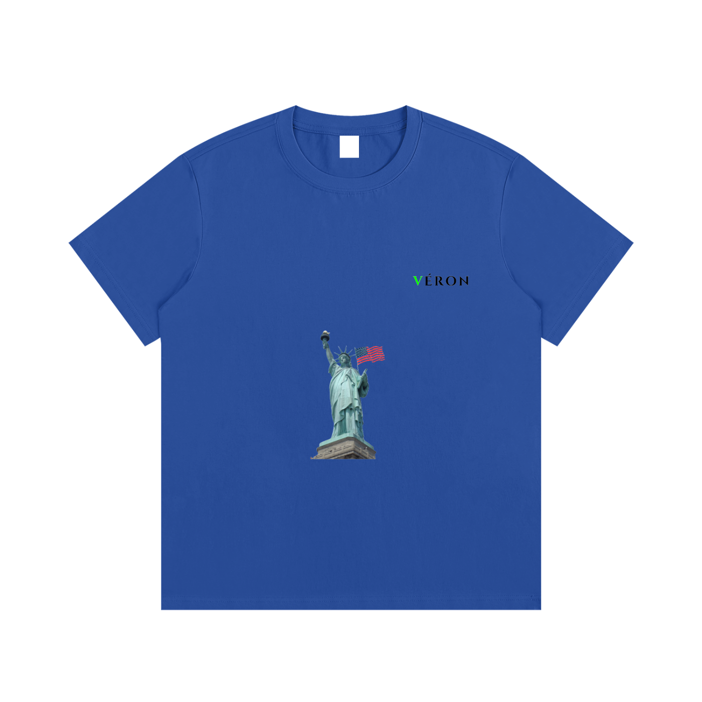 Blue t-shirt with Statue of Liberty graphic and 'VERON' branding on a white background