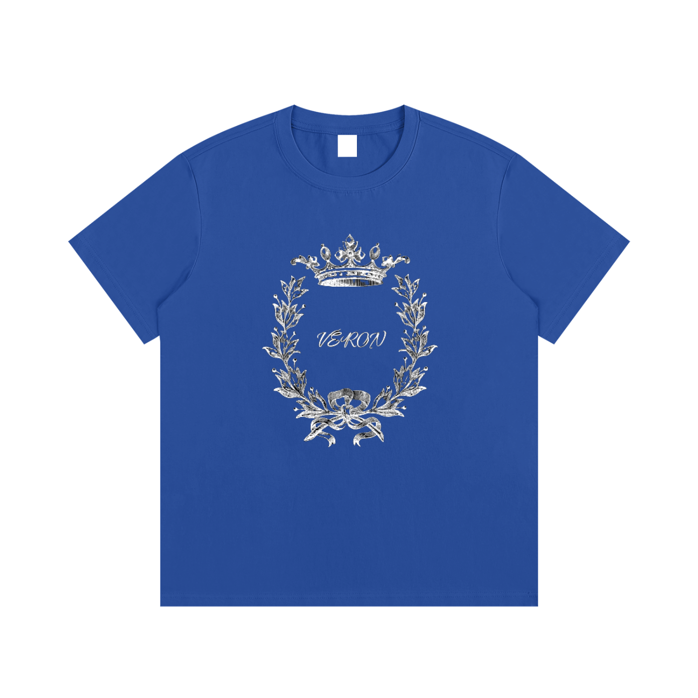 Blue t-shirt with white laurel wreath and 'VERON' text on a white background